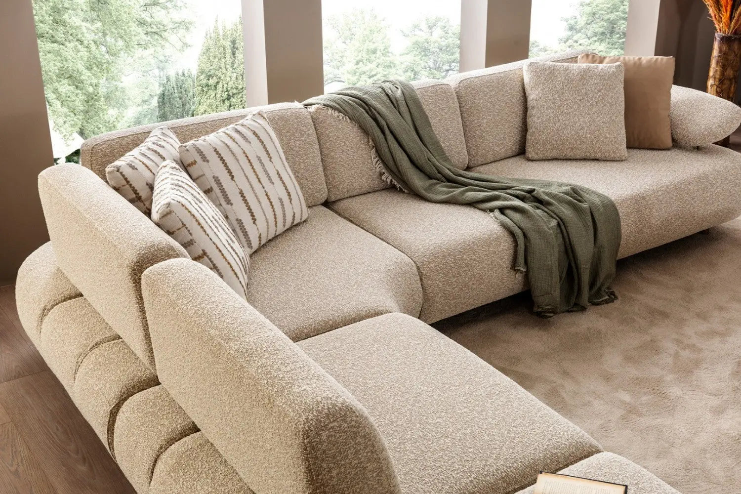 Elf Boucle Fabric 6 Seater Corner Sofa In Mushroom Grey Colour Febonic Living