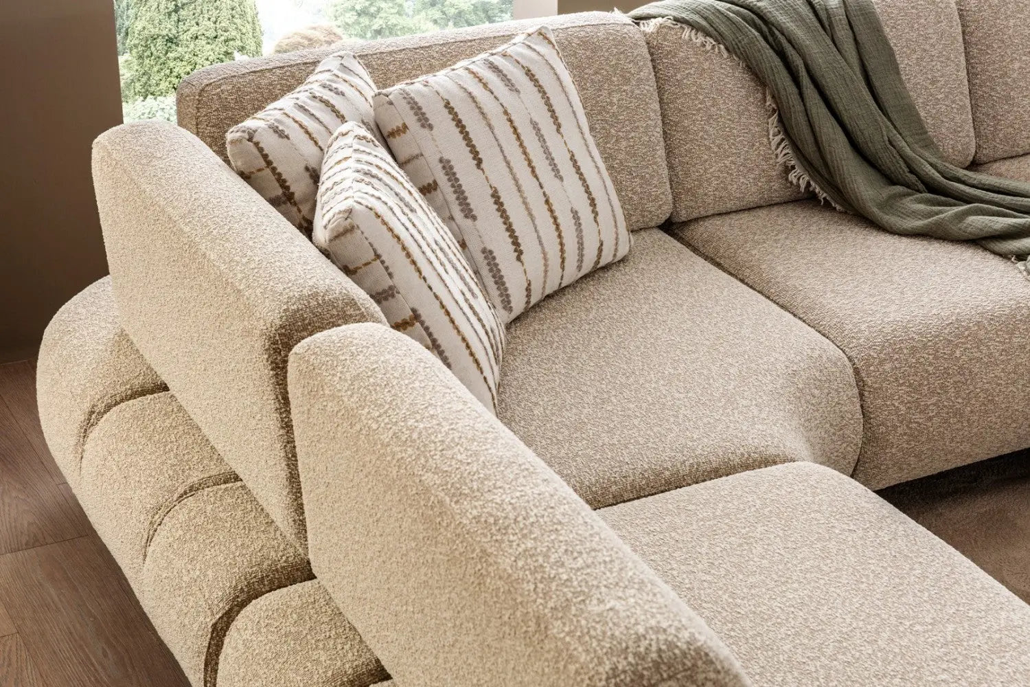 Elf Boucle Fabric 6 Seater Corner Sofa In Mushroom Grey Colour Febonic Living