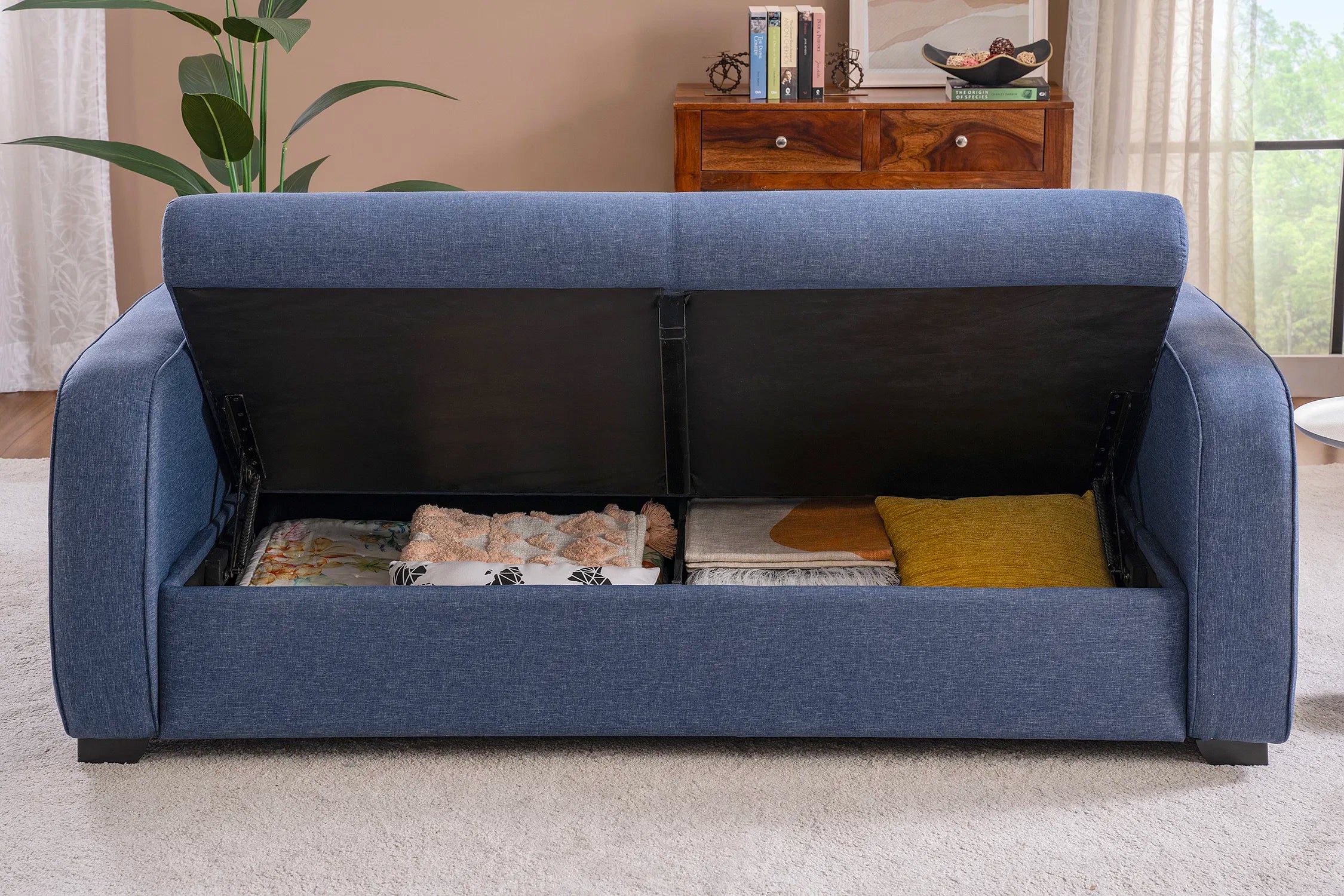 Melo Fabric 3 Seater Sofa In Denim Blue Colour With Storage - Febonic Living