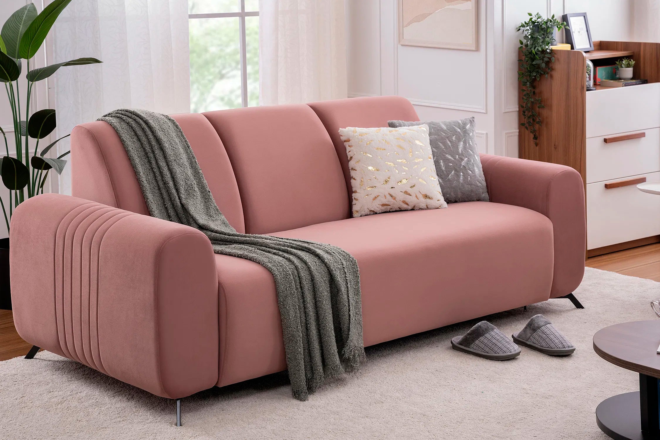 Helio Velvet 3 Seater Sofa In Millennial Pink Colour - Febonic Living