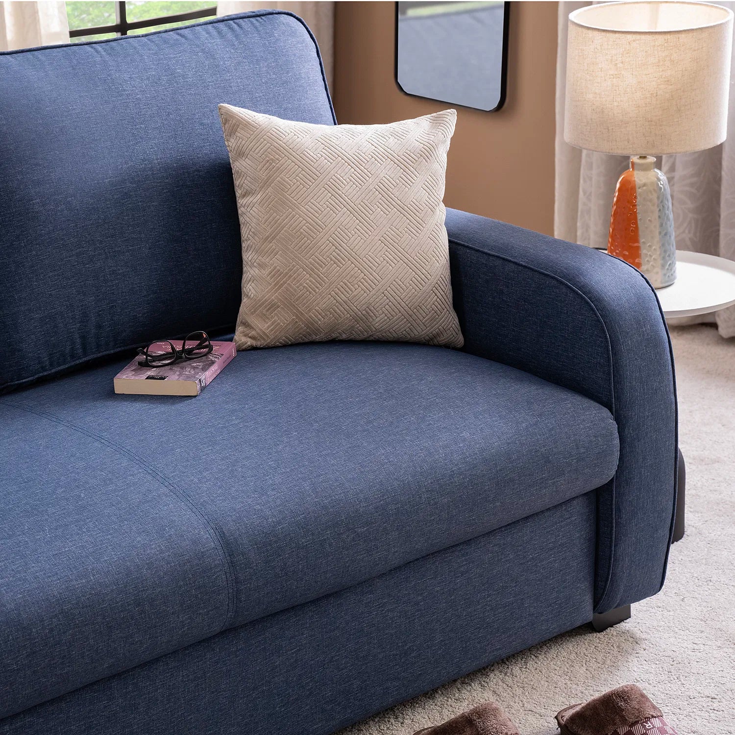 Melo Fabric 3 Seater Sofa In Denim Blue Colour With Storage - Febonic Living