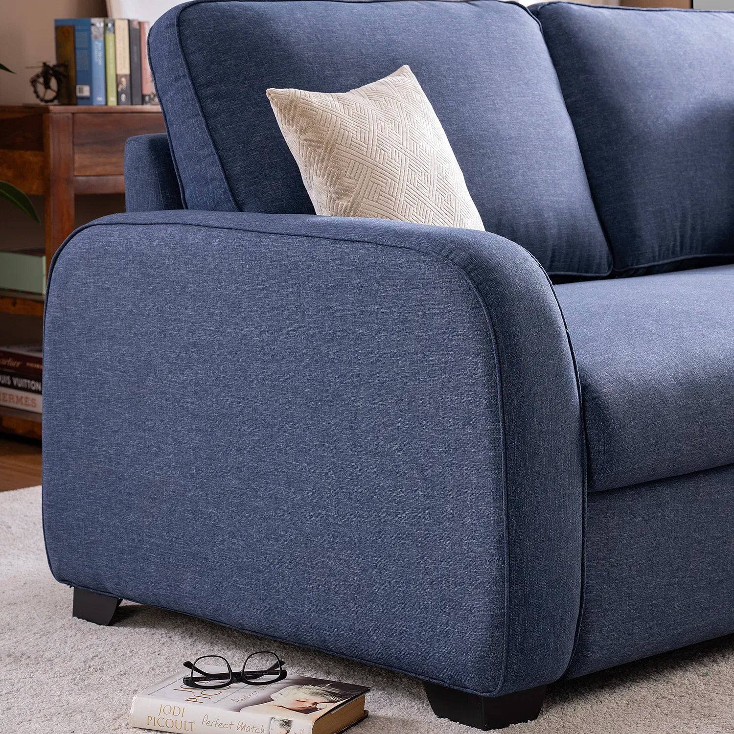 Melo Fabric 3 Seater Sofa In Denim Blue Colour With Storage - Febonic Living