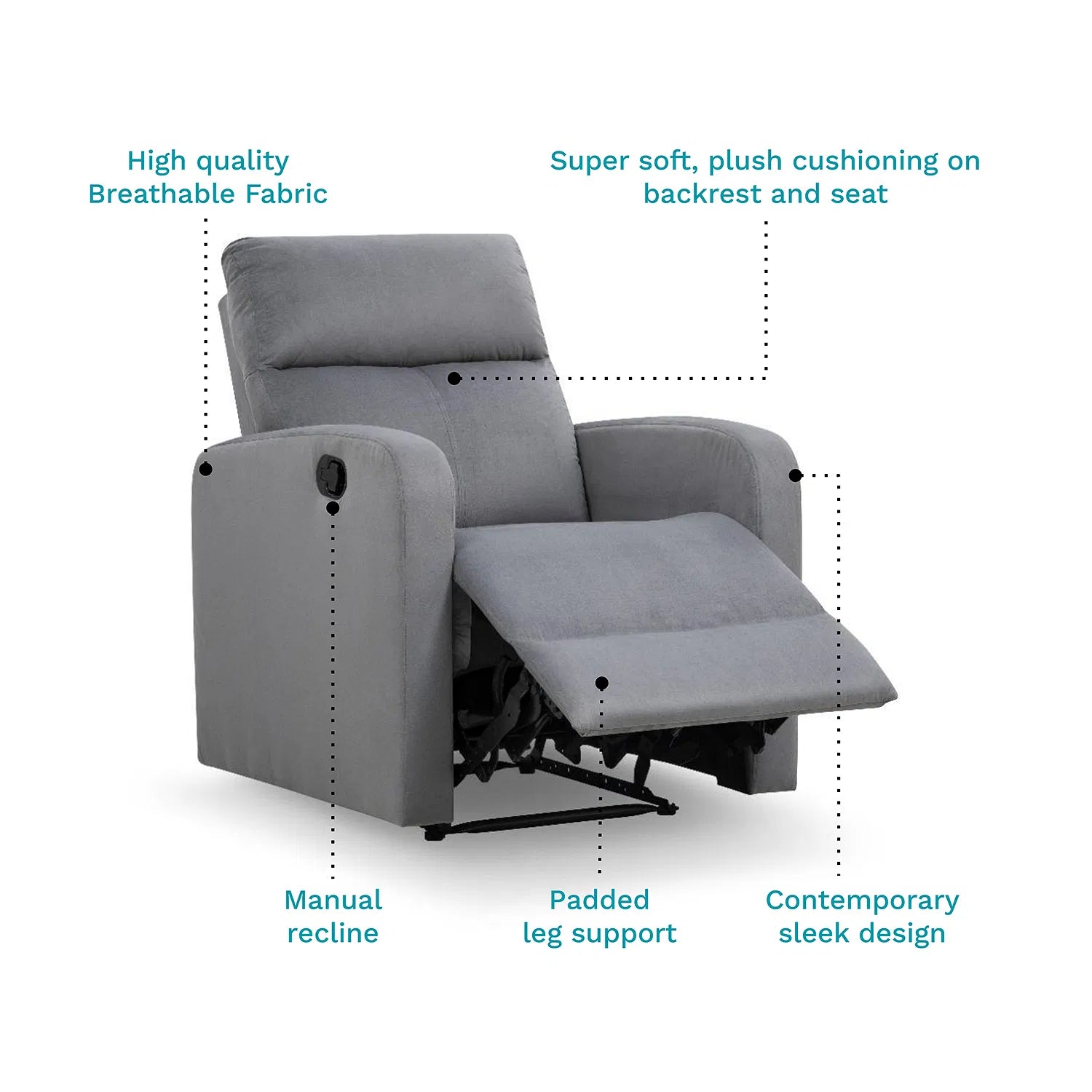 Zest Fabric 1 Seater Manual Recliner In Davy Grey Colour