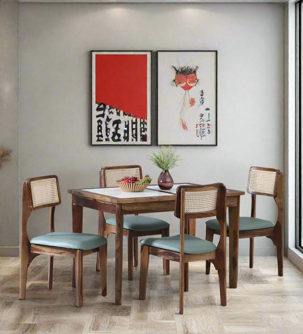 Simra Sheesham Wood 4 Seater Dining Set In Scratch Resistant Provincial Teak Finish With Marble Top - Febonic Living