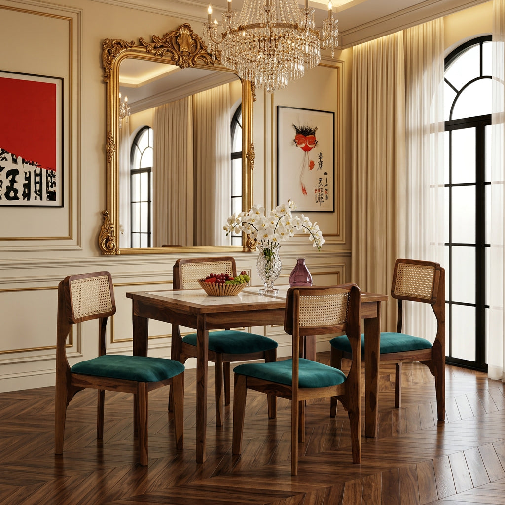 Simra Sheesham Wood 4 Seater Dining Set In Scratch Resistant Provincial Teak Finish With Marble Top - Febonic Living