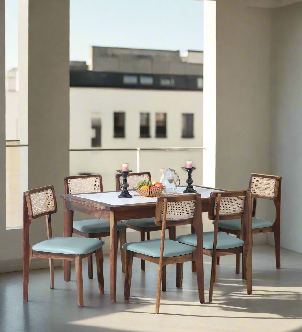 Simra Sheesham Wood 6 Seater Dining Set In Scratch Resistant Provincial Teak Finish With Marble Top - Febonic Living