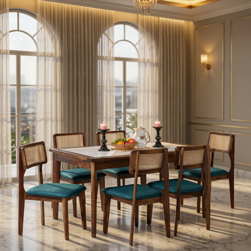 Simra Sheesham Wood 6 Seater Dining Set In Scratch Resistant Provincial Teak Finish With Marble Top - Febonic Living