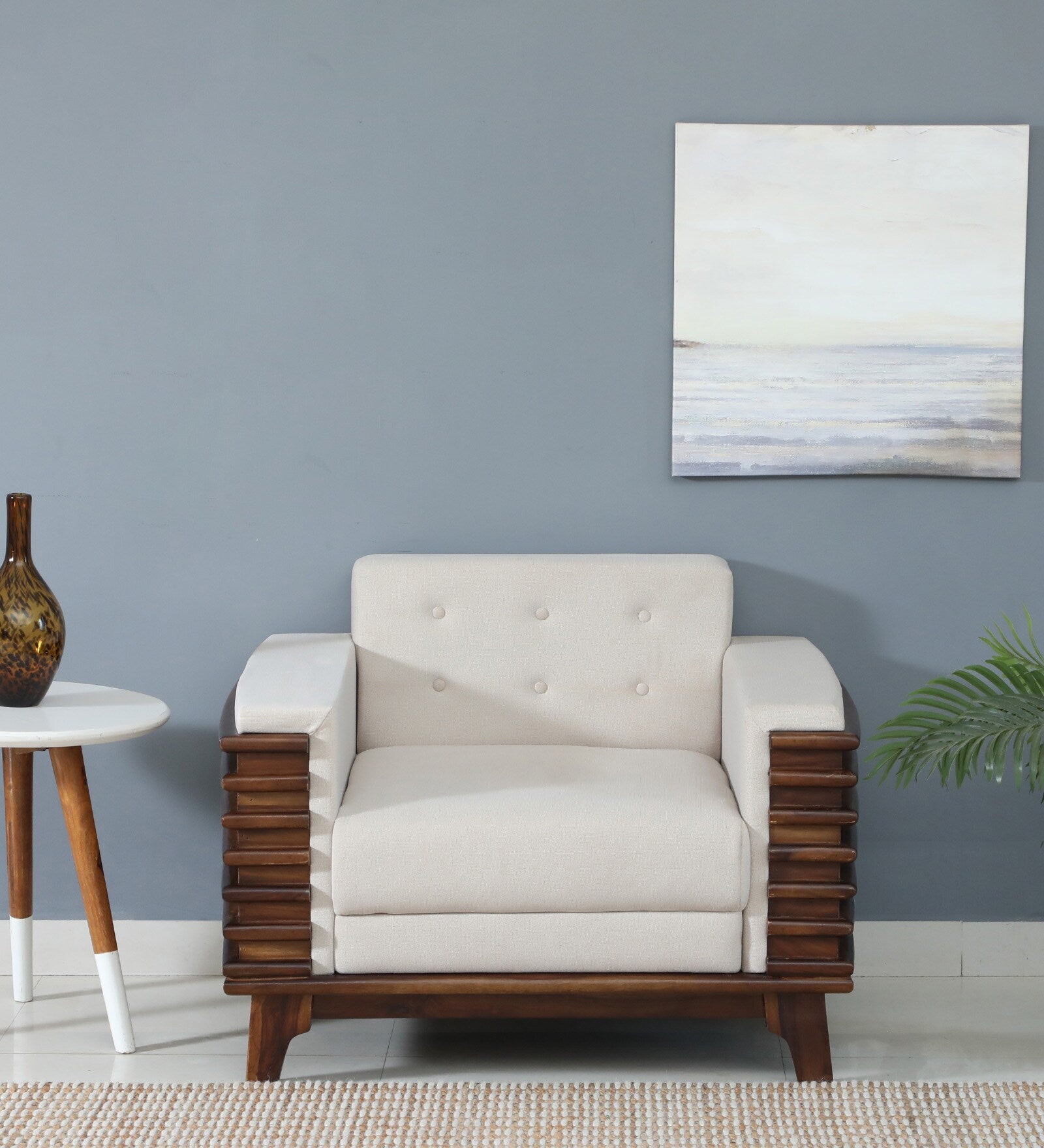 Tanu Sheesham Wood 1 Seater Sofa In Beige Colour - Febonic Living