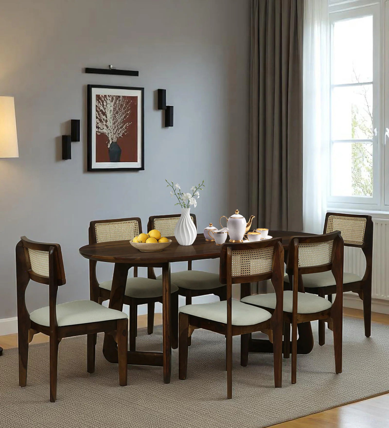 Gistel Sheesham Wood 6 Seater Dining Set With Chairs In Provincial Teak Finish - Febonic Living