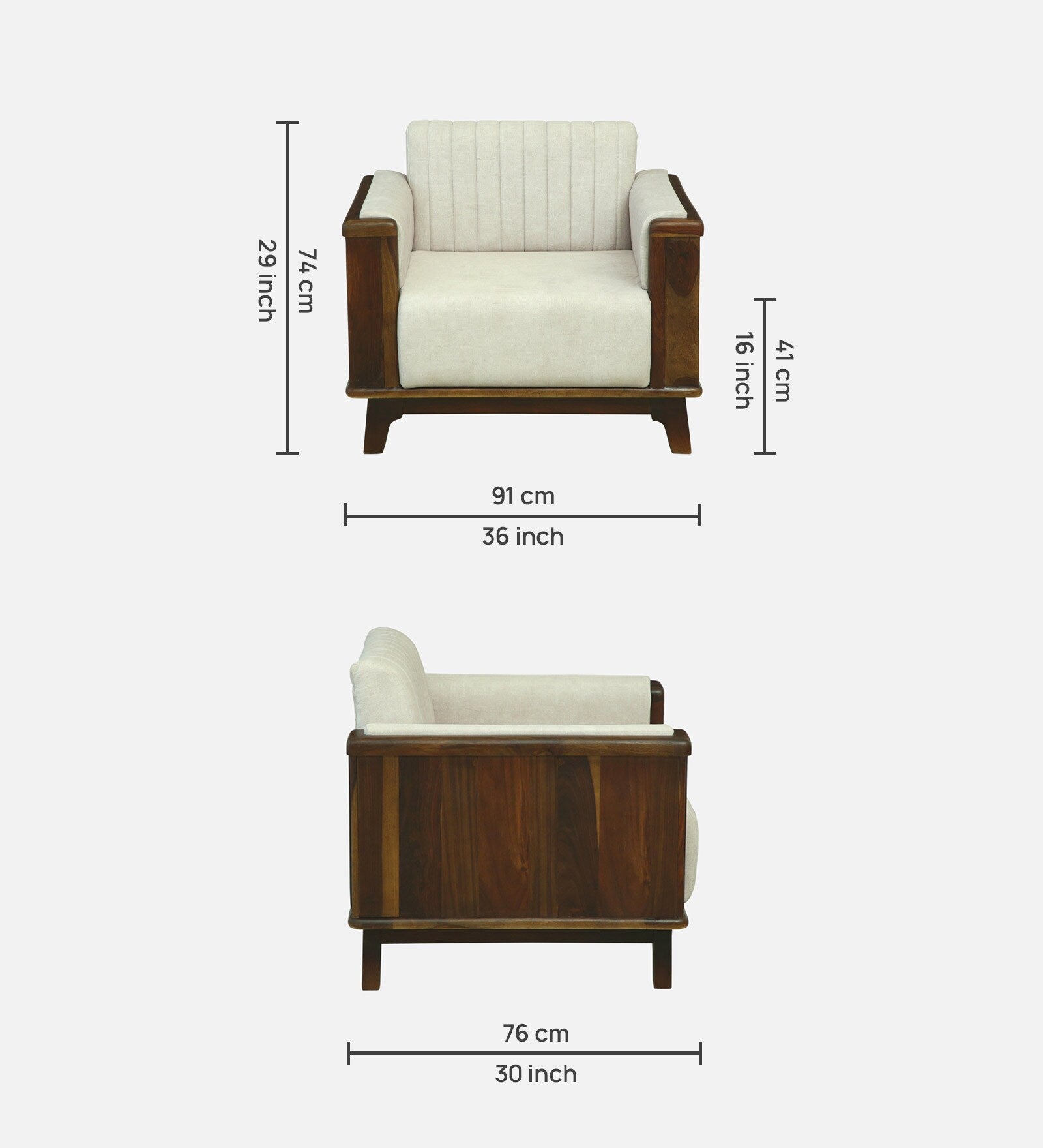 Solara Sheesham Wood 1 Seater Sofa In Beige Colour