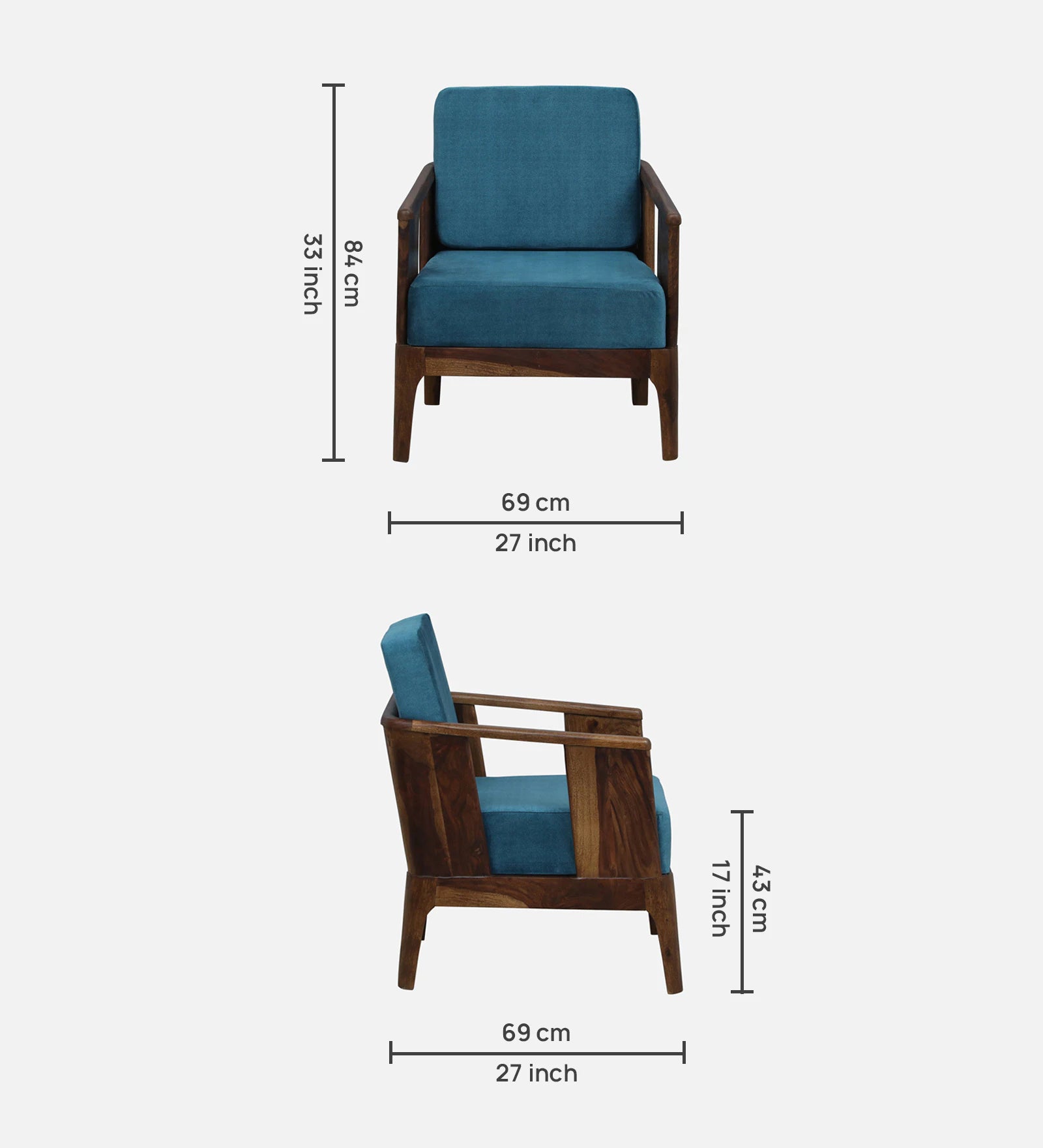 Bano Sheesham Wood 1 Seater Sofa In Blue Colour - Febonic Living