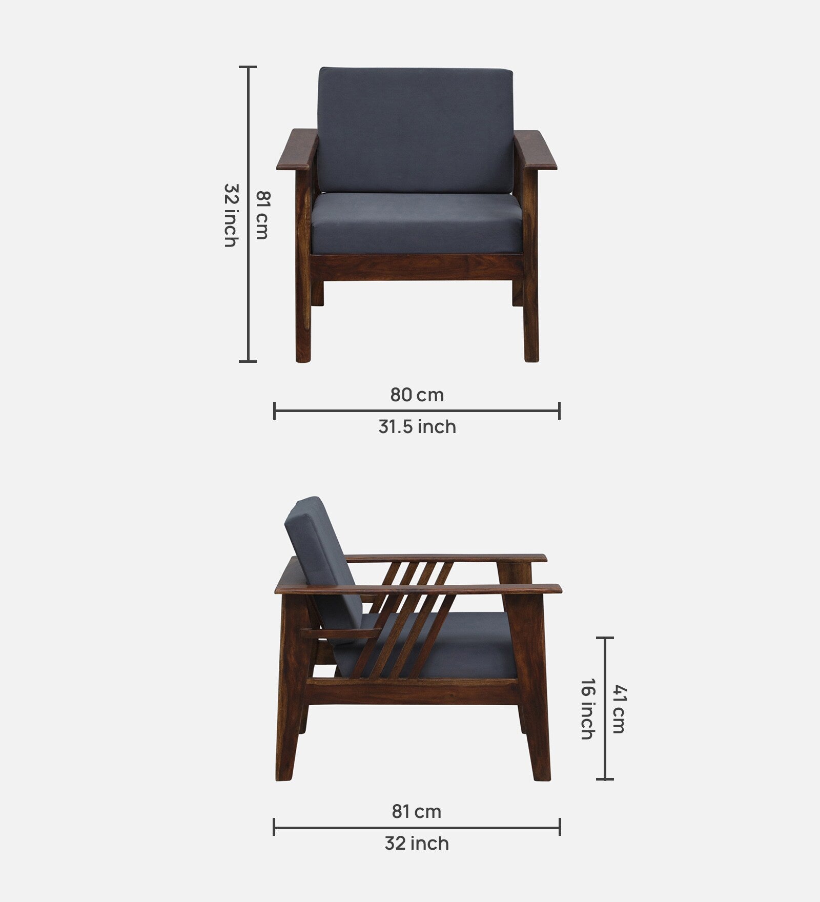 Caron Sheesham Wood 1 Seater Sofa In Grey Colour - Febonic Living