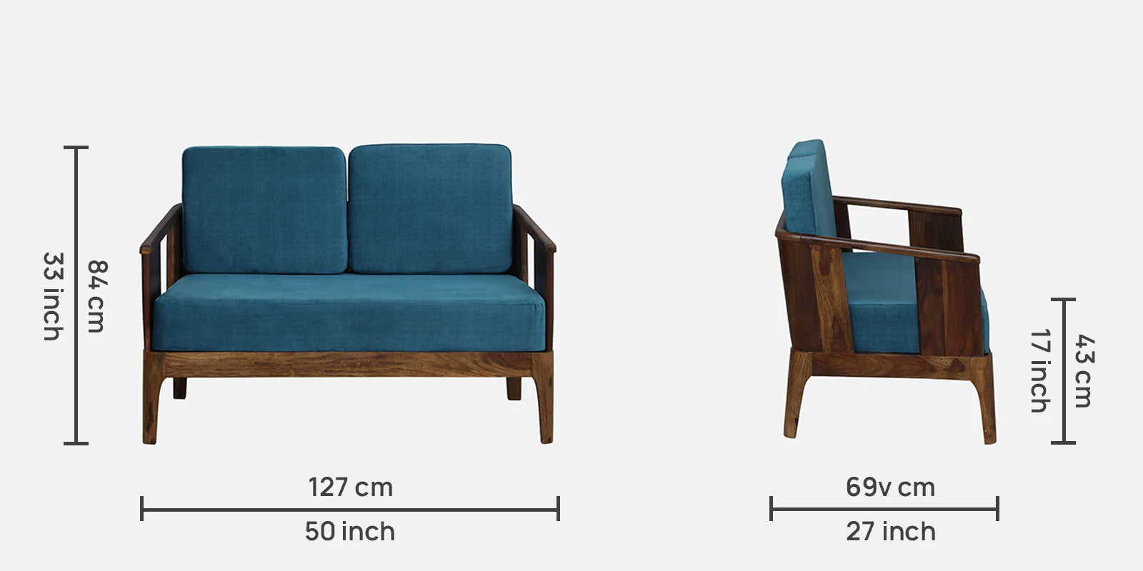 Bano Sheesham Wood 2 Seater Sofa In Blue Colour - Febonic Living