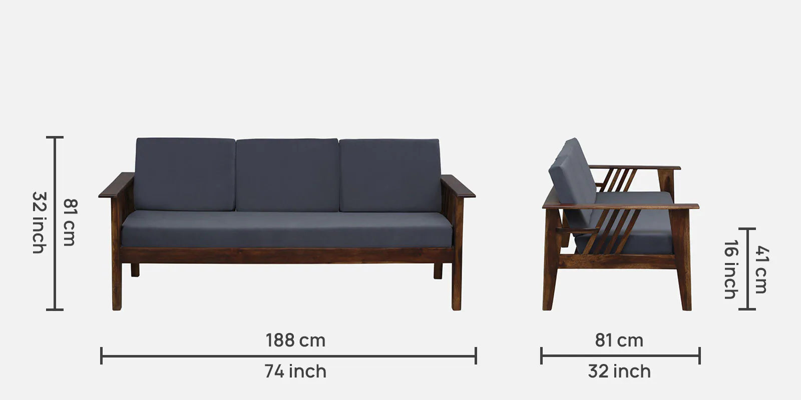 Caron Sheesham Wood 3 Seater Sofa In Grey Colour - Febonic Living