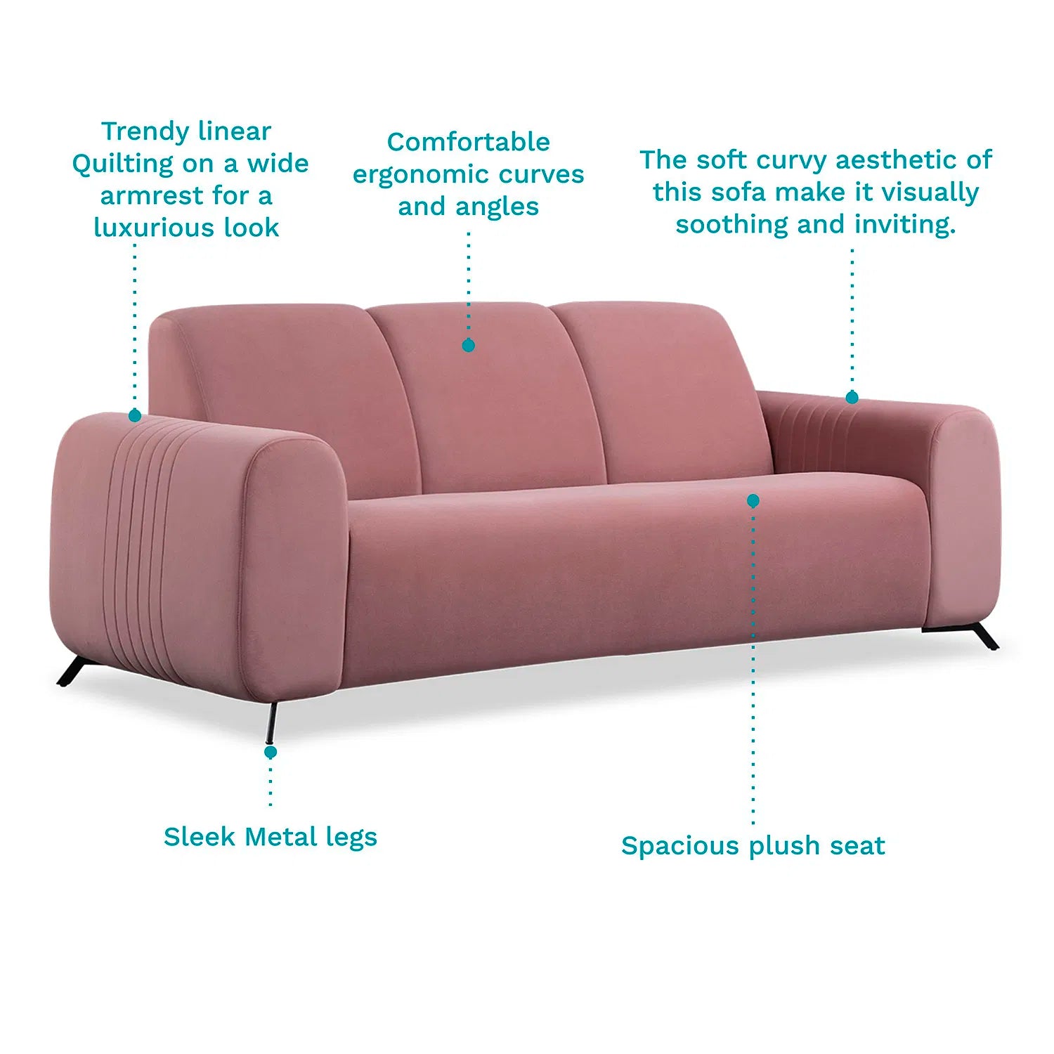 Helio Velvet 3 Seater Sofa In Millennial Pink Colour - Febonic Living