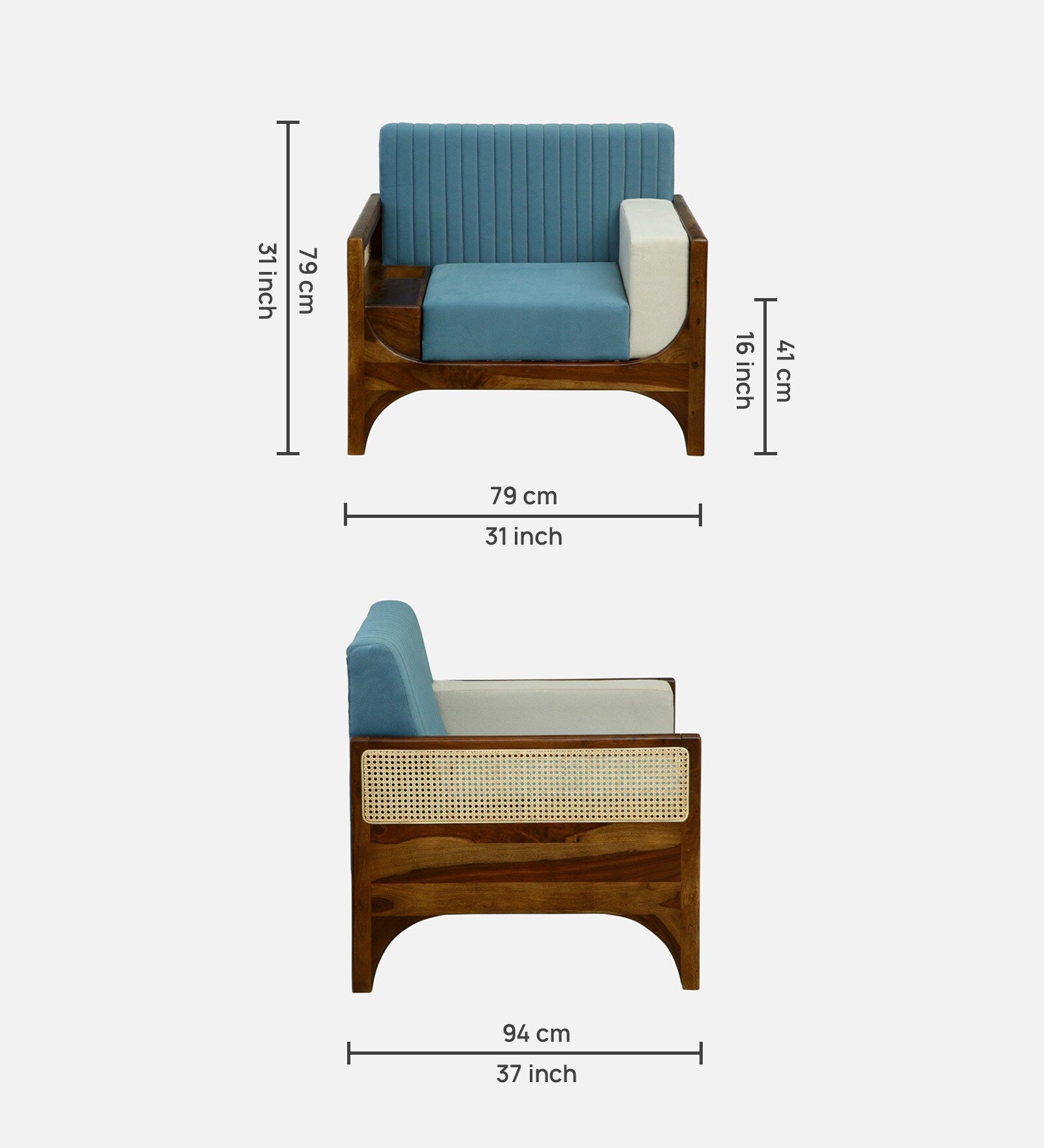 Oslo Sheesham Wood 1 Seater Sofa In Blue Colour