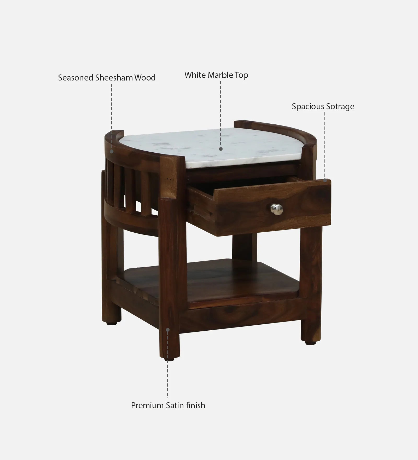 Davao Sheesham Wood Bedside Table In Provincial Teak Finish With Marble Top - Febonic Living