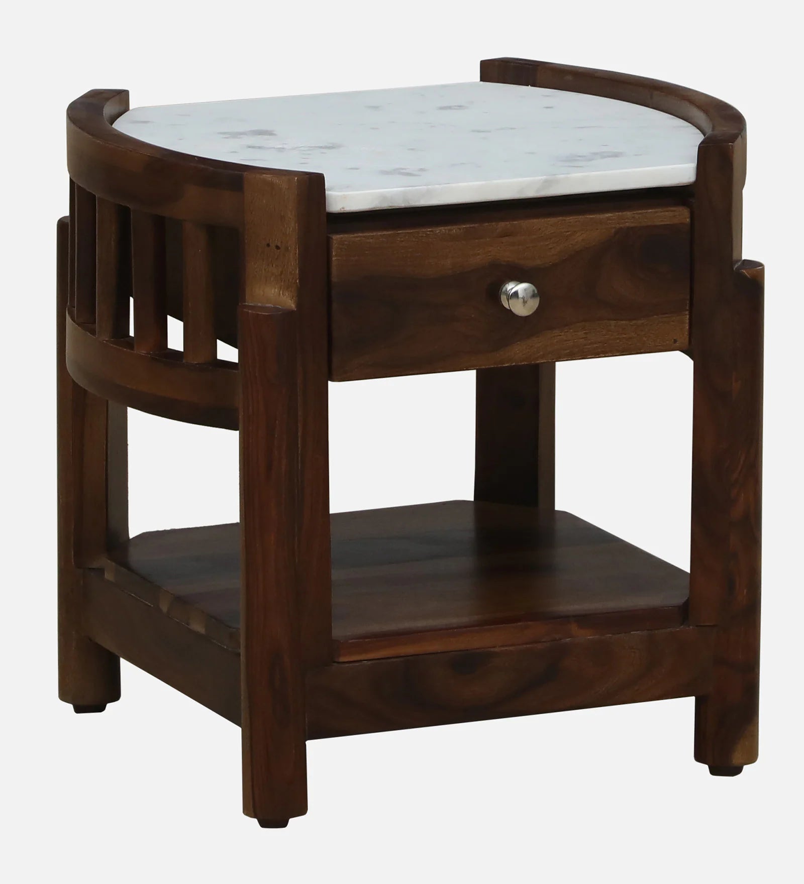 Davao Sheesham Wood Bedside Table In Provincial Teak Finish With Marble Top - Febonic Living