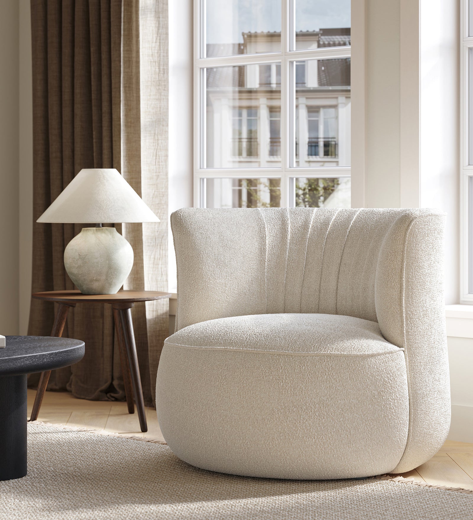 Bijo Boucle Fabric Lounge Chair in Shell White Colour - Febonic Living