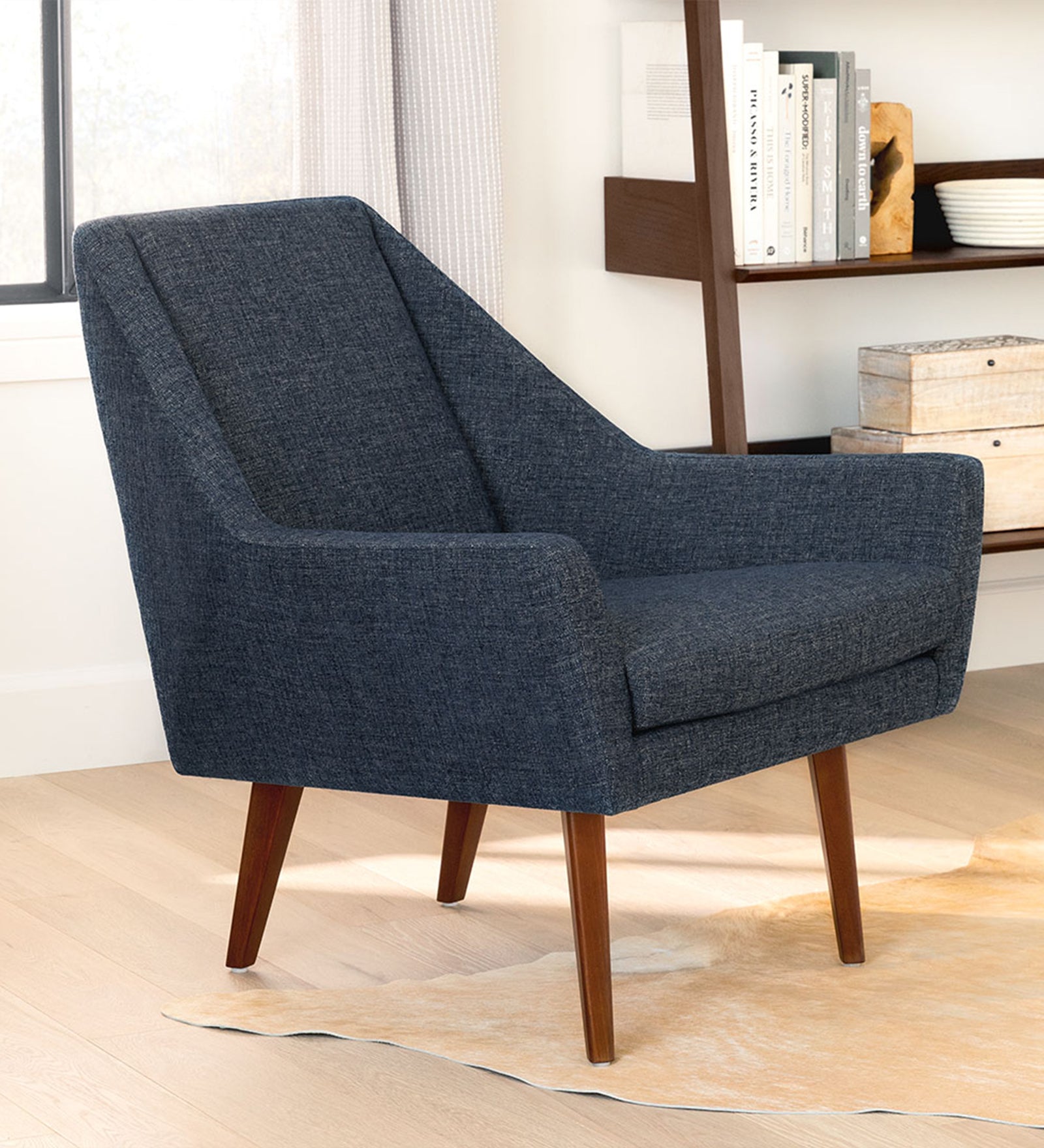 Angle Fabric Lounge Chair in Denim Blue Colour - Febonic Living