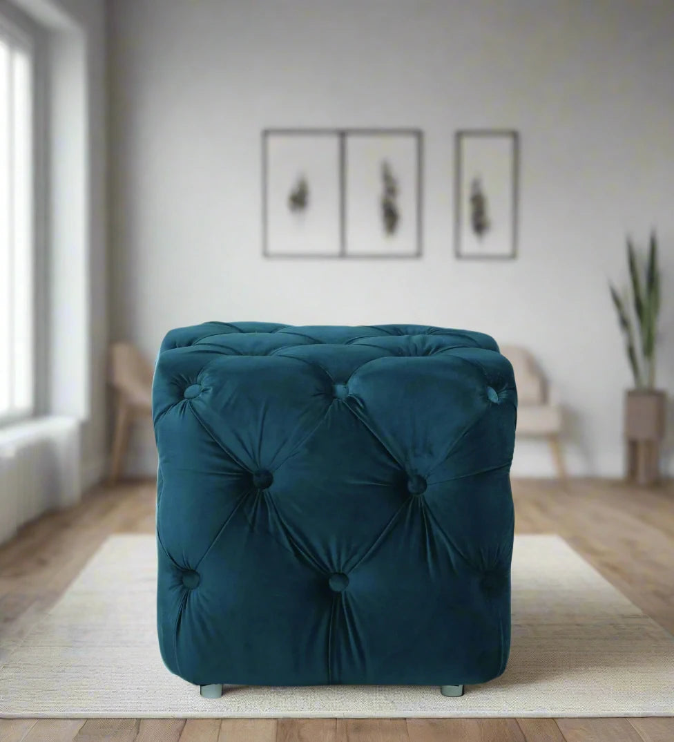 Boya Velvet Pouffe In Blue Colour - Febonic Living