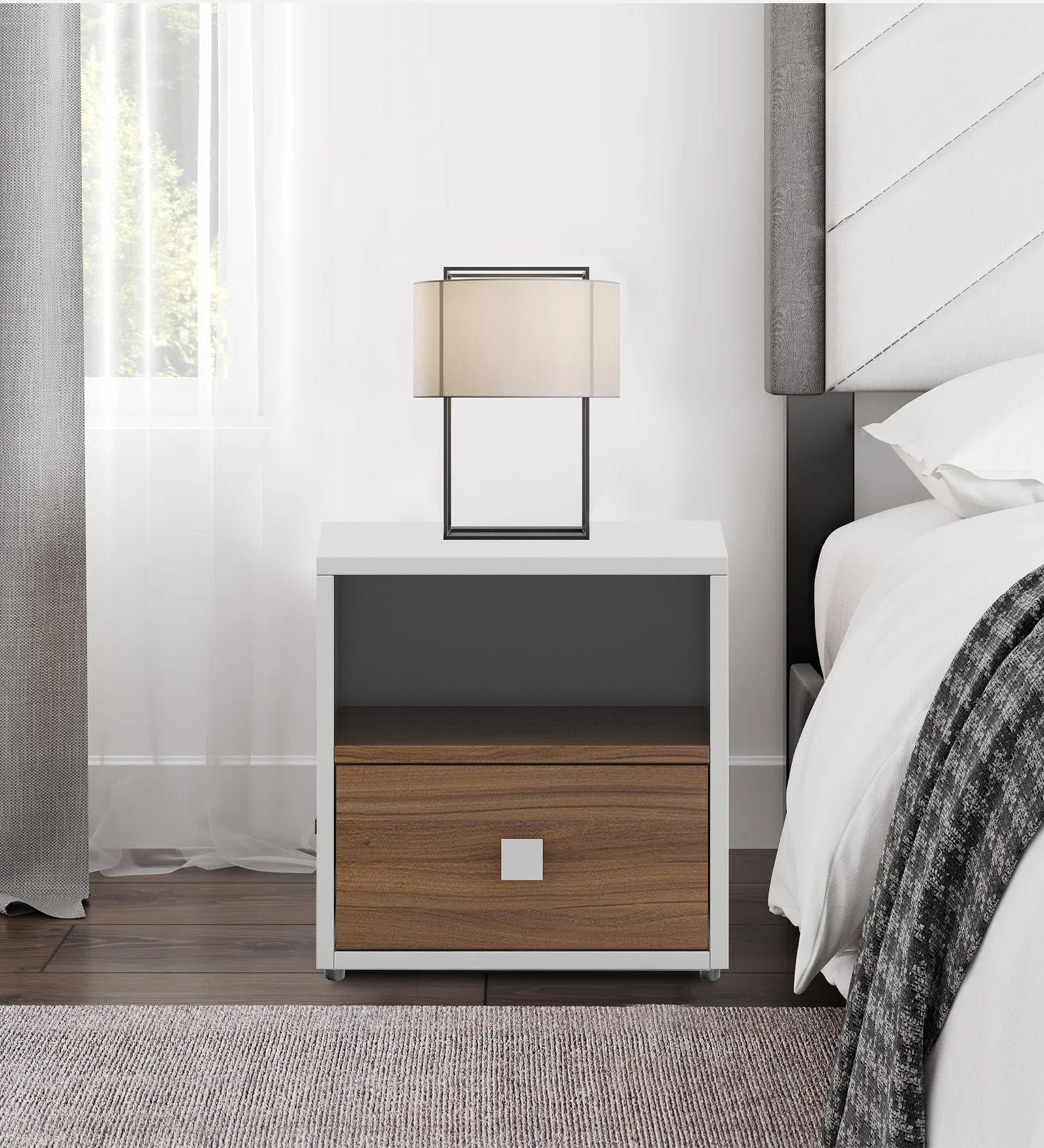 Fenn Bedside Table With Drawer in Oral Walnut & Frosty White Finish - Febonic Living