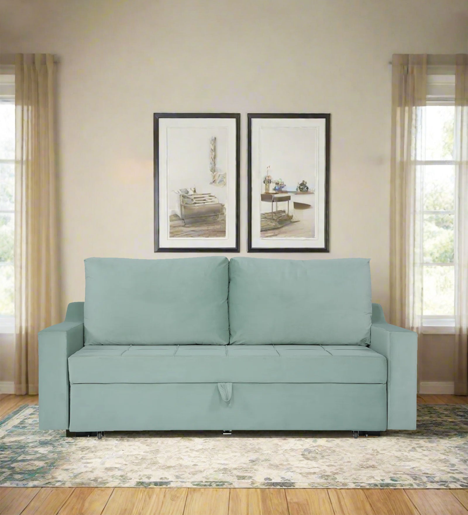 Jason Fabric 3 Seater Pull Out Sofa Cum Bed In Suka Blue Colour - Febonic Living