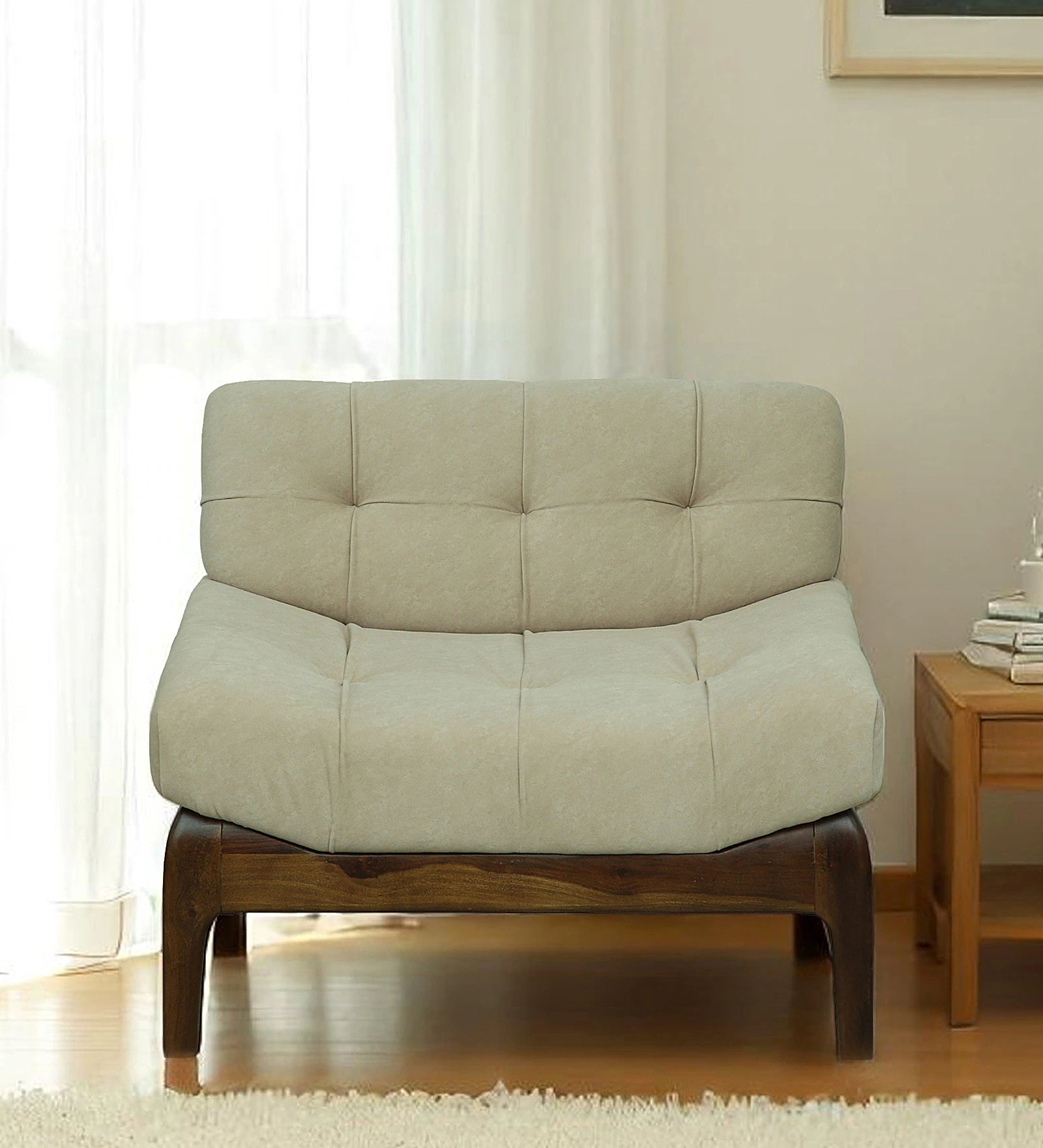 Tiki Sheesham Wood 1 Seater Sofa In Beige Colour