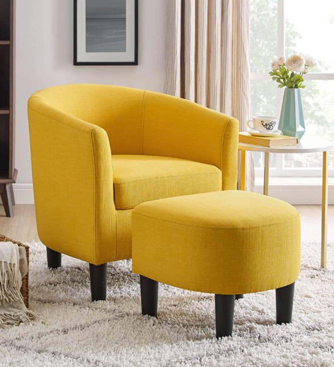 Lovida Fabric Barrel Chair With Ottoman In Bold Yellow Colour - Febonic Living