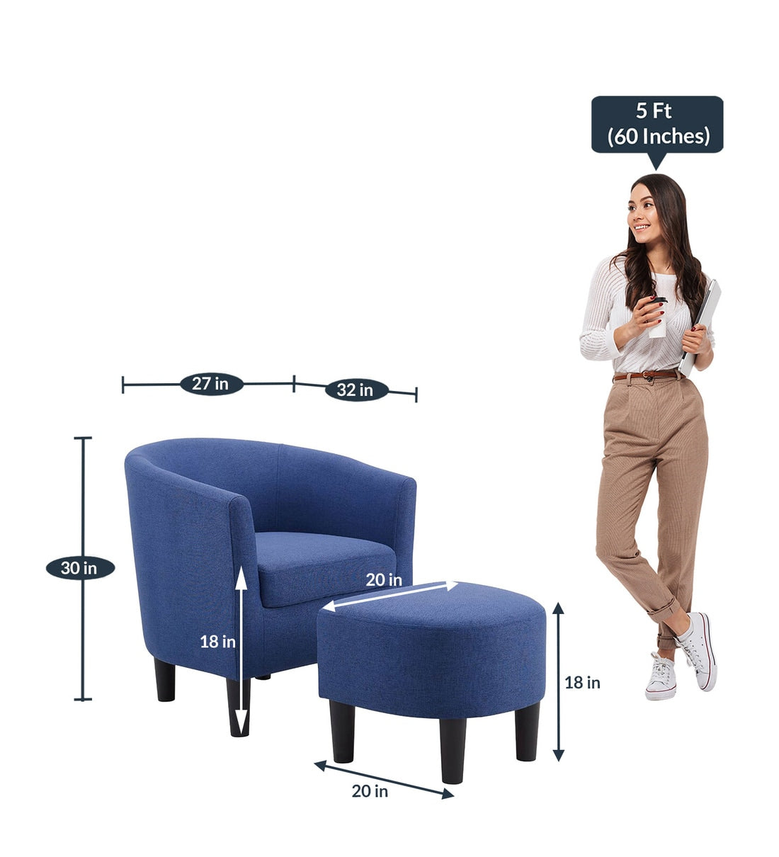 Lovida Fabric Barrel Chair With Ottoman In Royal Blue Colour - Febonic Living