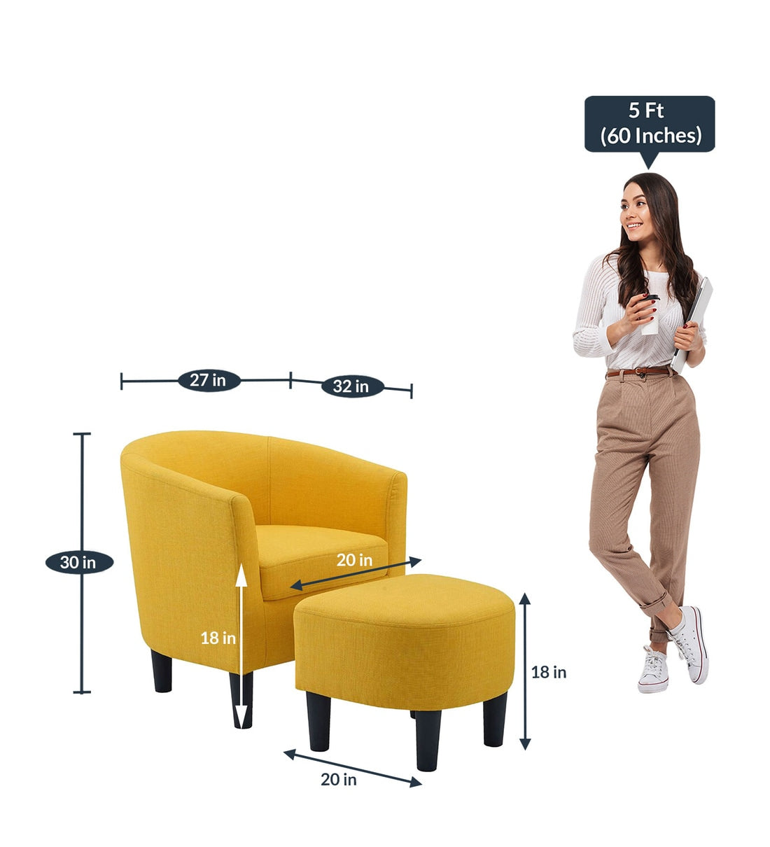 Lovida Fabric Barrel Chair With Ottoman In Bold Yellow Colour - Febonic Living