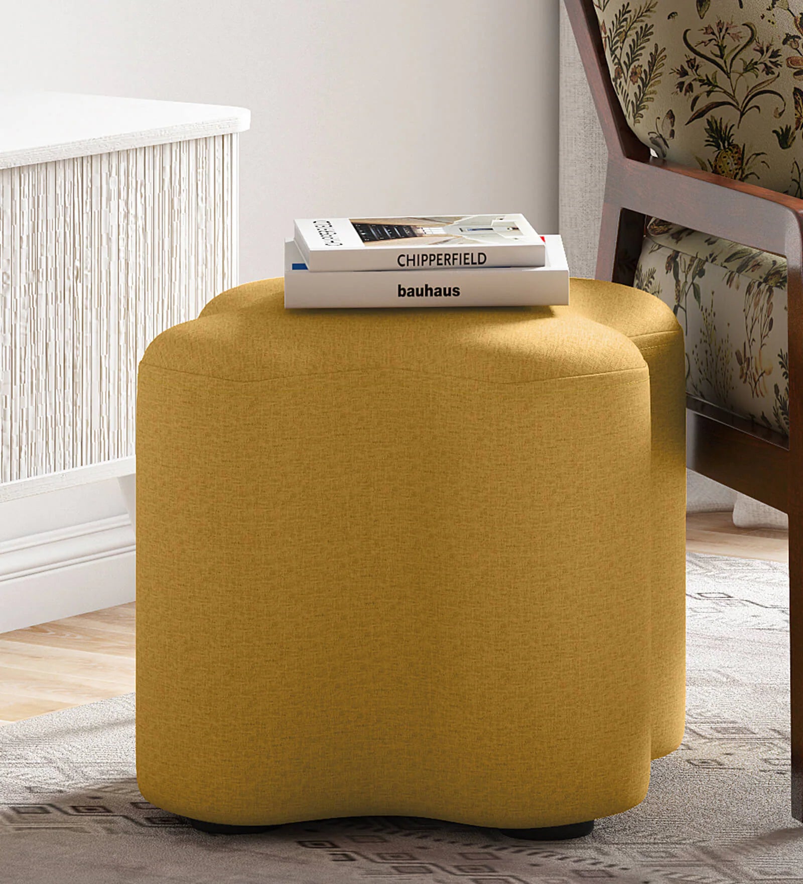 Toby Fabric Pouffe In Bold Yellow Colour - Febonic Living