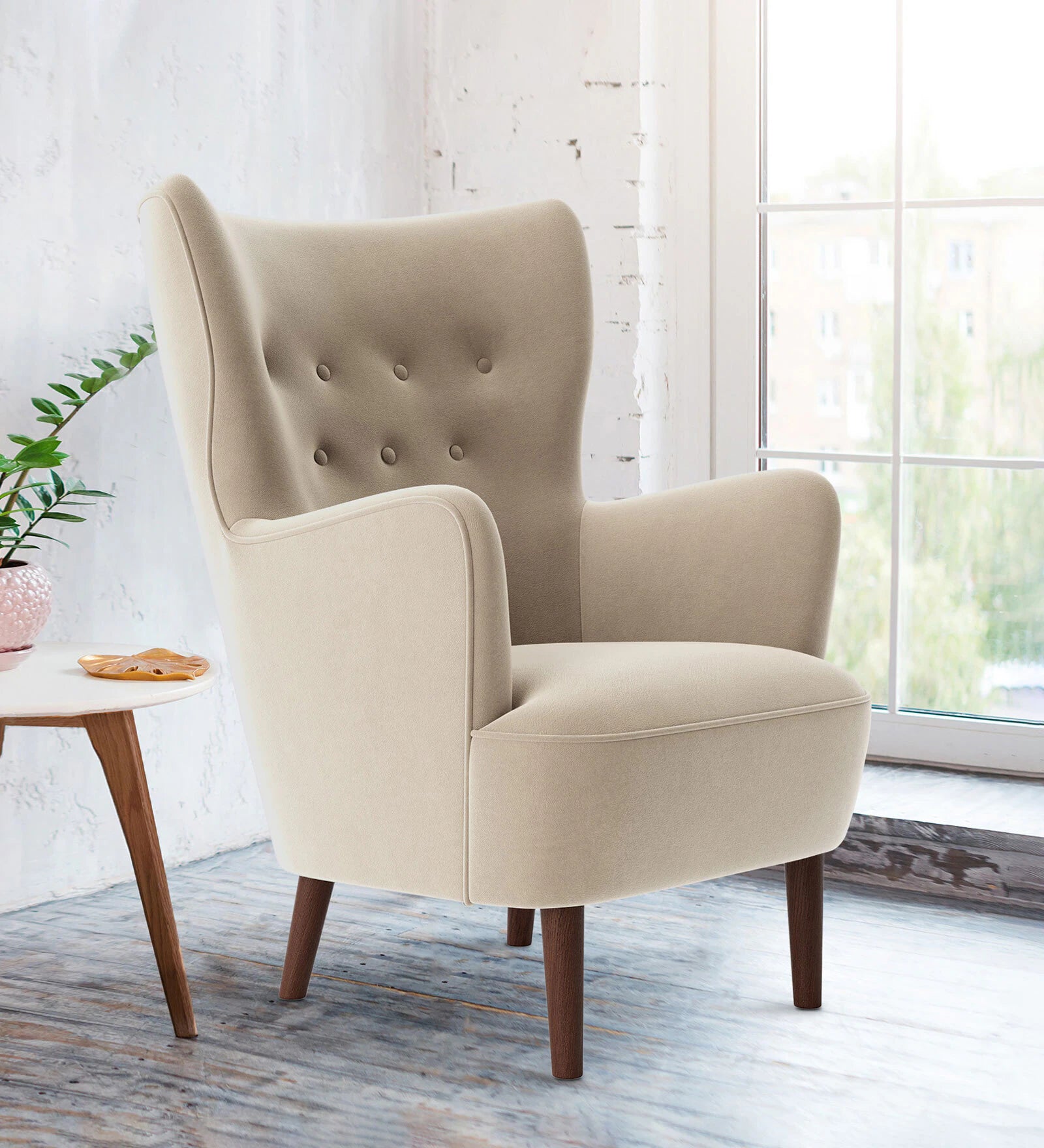 Mash Velvet Wing Chair In Beige Colour