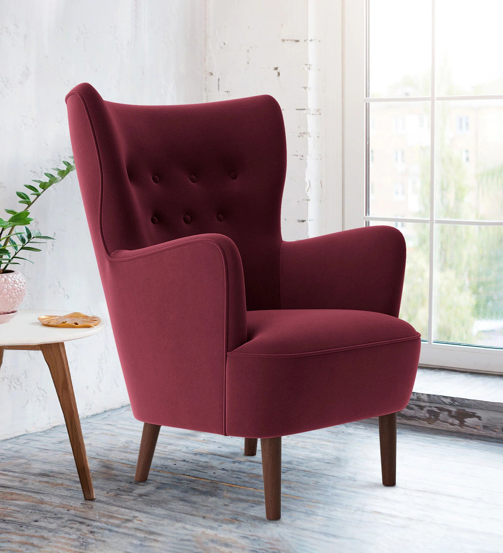 Mash Velvet Wing Chair In Maroon Colour