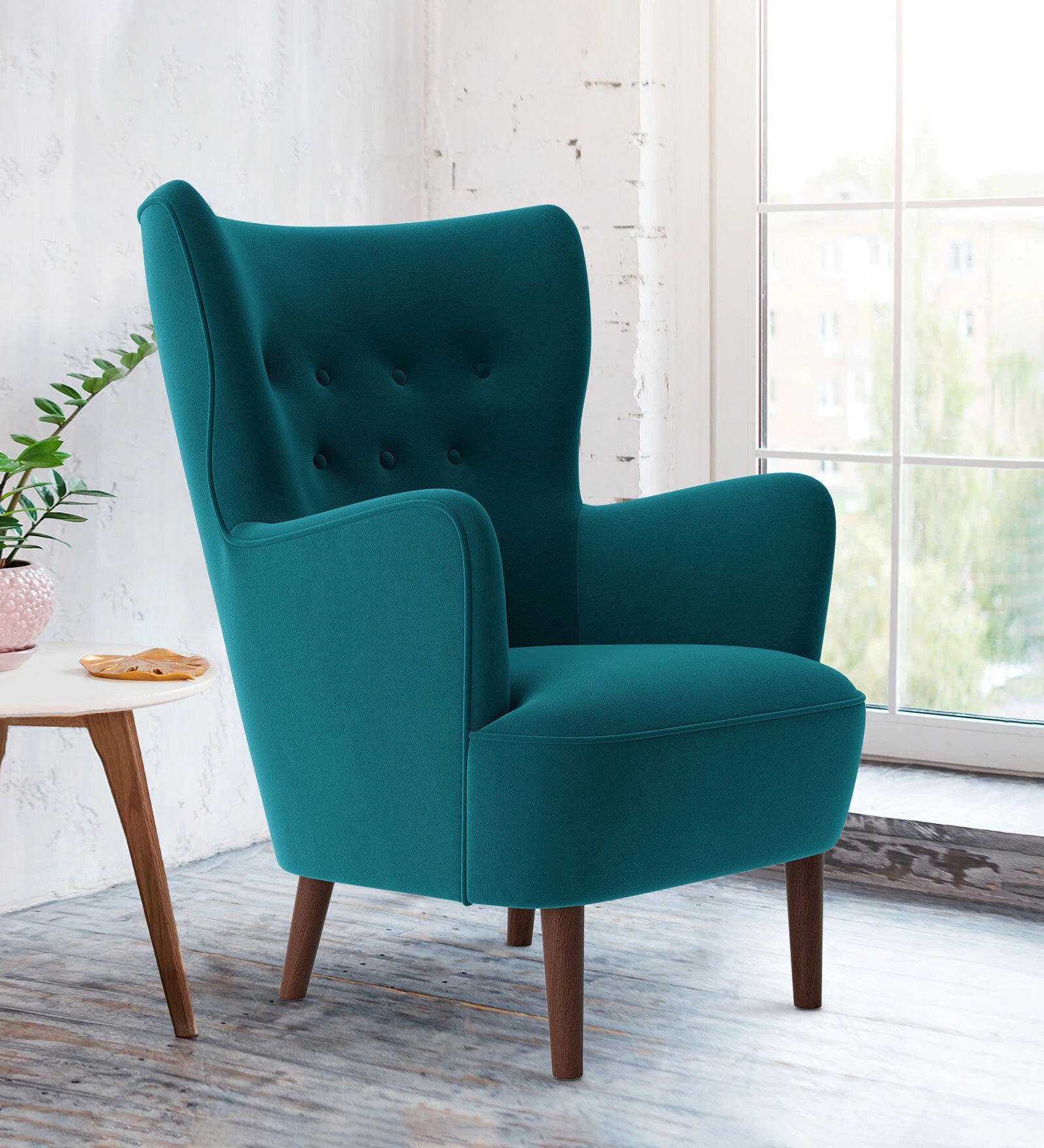 Mash Velvet Wing Chair In Teal Blue Colour