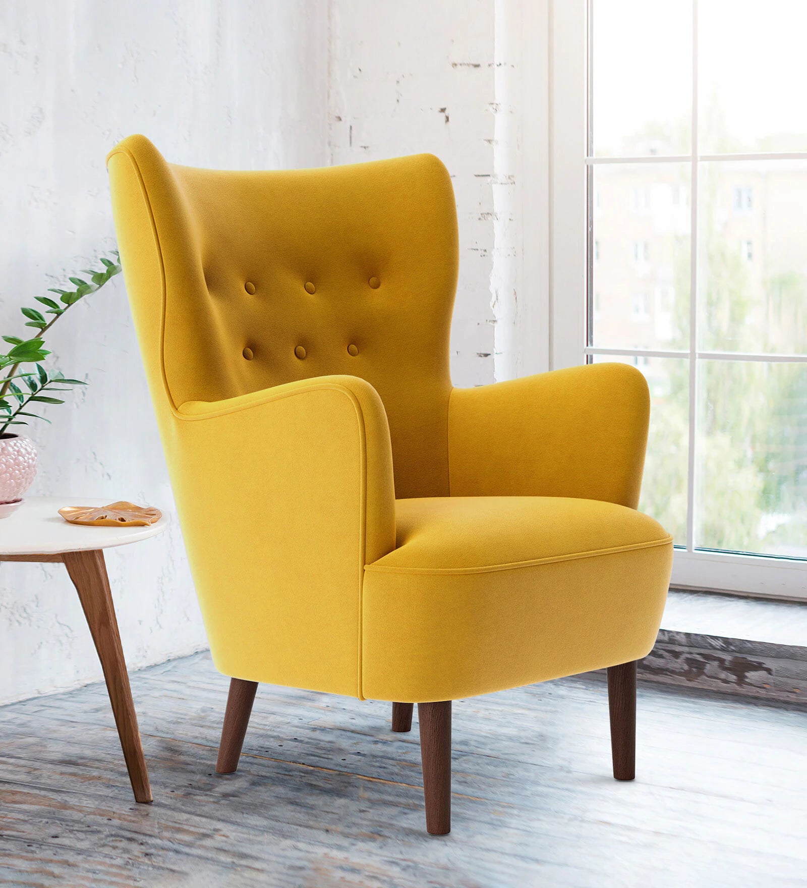 Mash Velvet Wing Chair In Yellow Colour