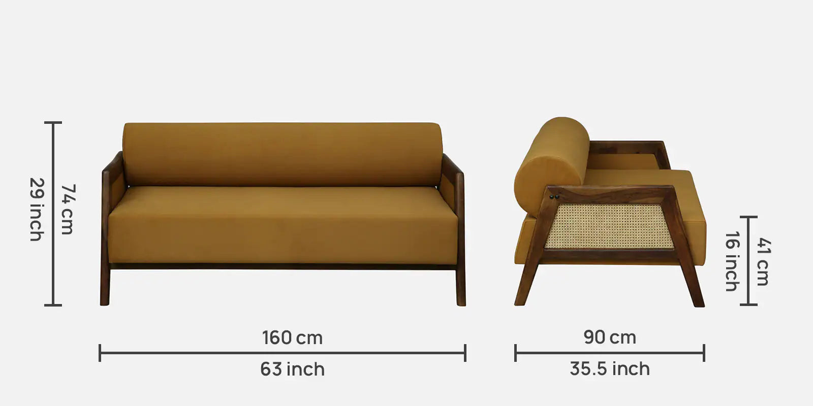 Opal Sheesham Wood 3 Seater Sofa In Mustard Colour