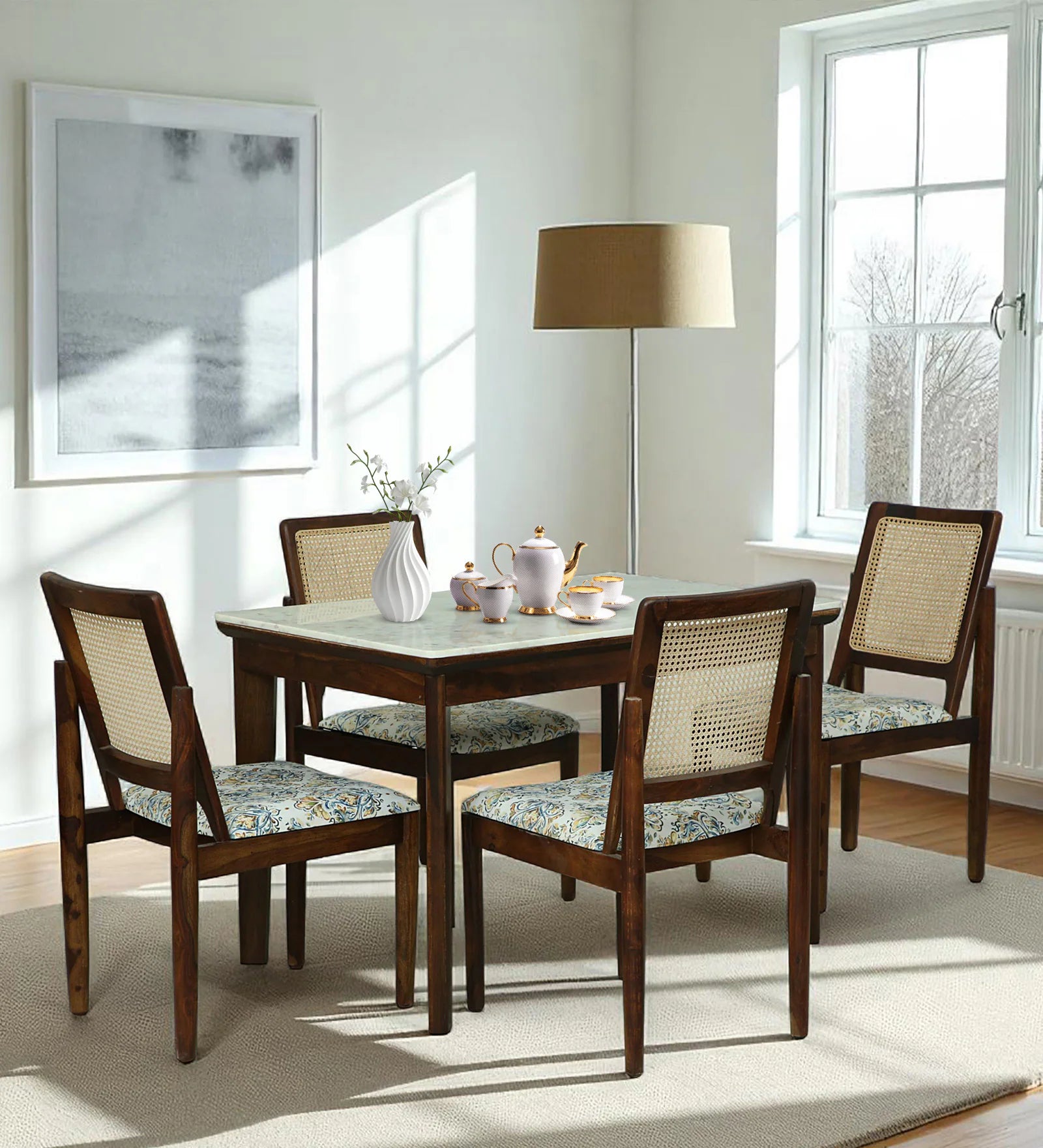 Mayer Sheesham Wood 4 Seater Dining Set With Marble Top In Provincial Teak Finishh - Febonic Living