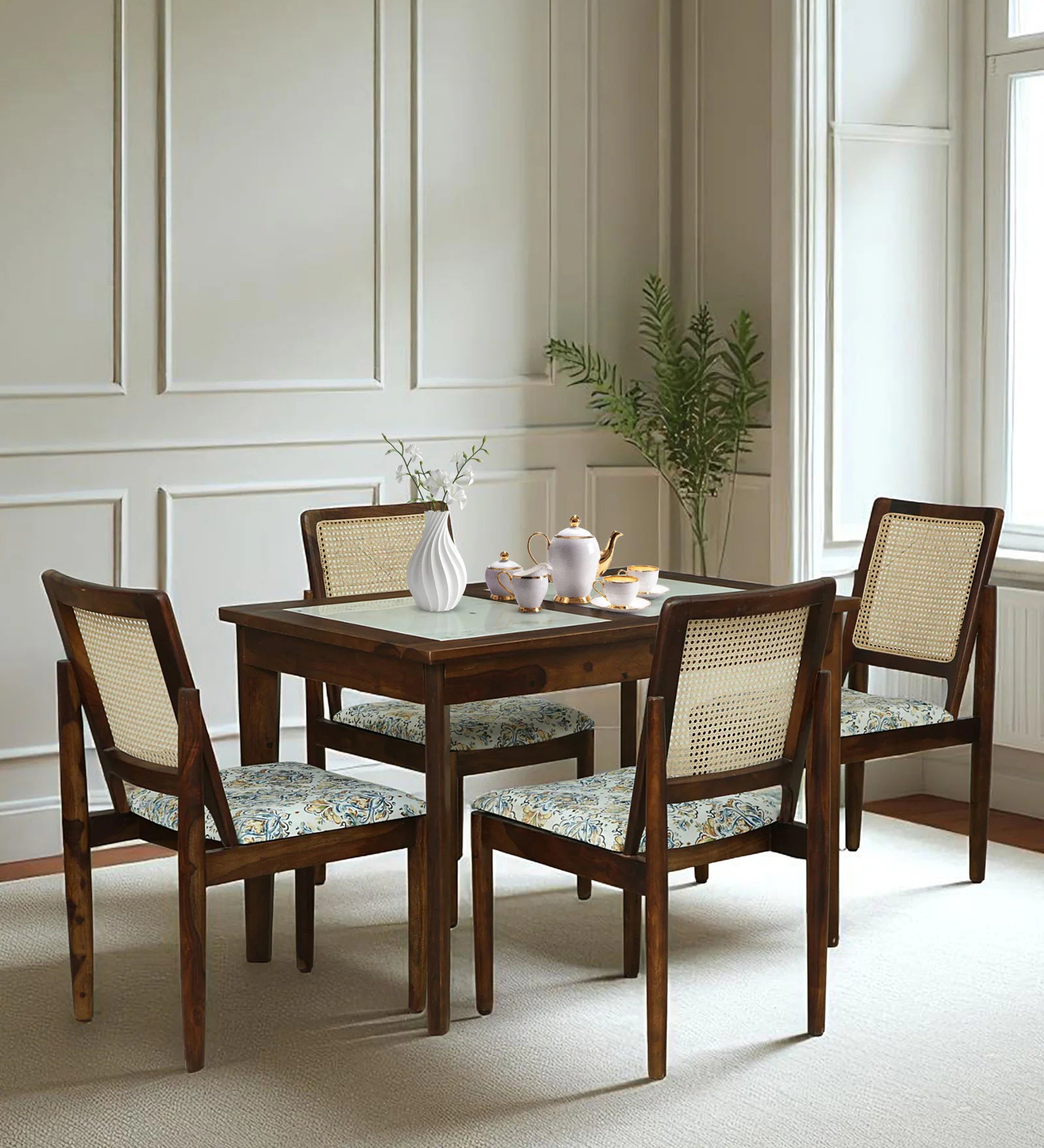 Mayer Sheesham Wood 4 Seater Dining Set With Marble Top In Provincial Teak Finish - Febonic Living