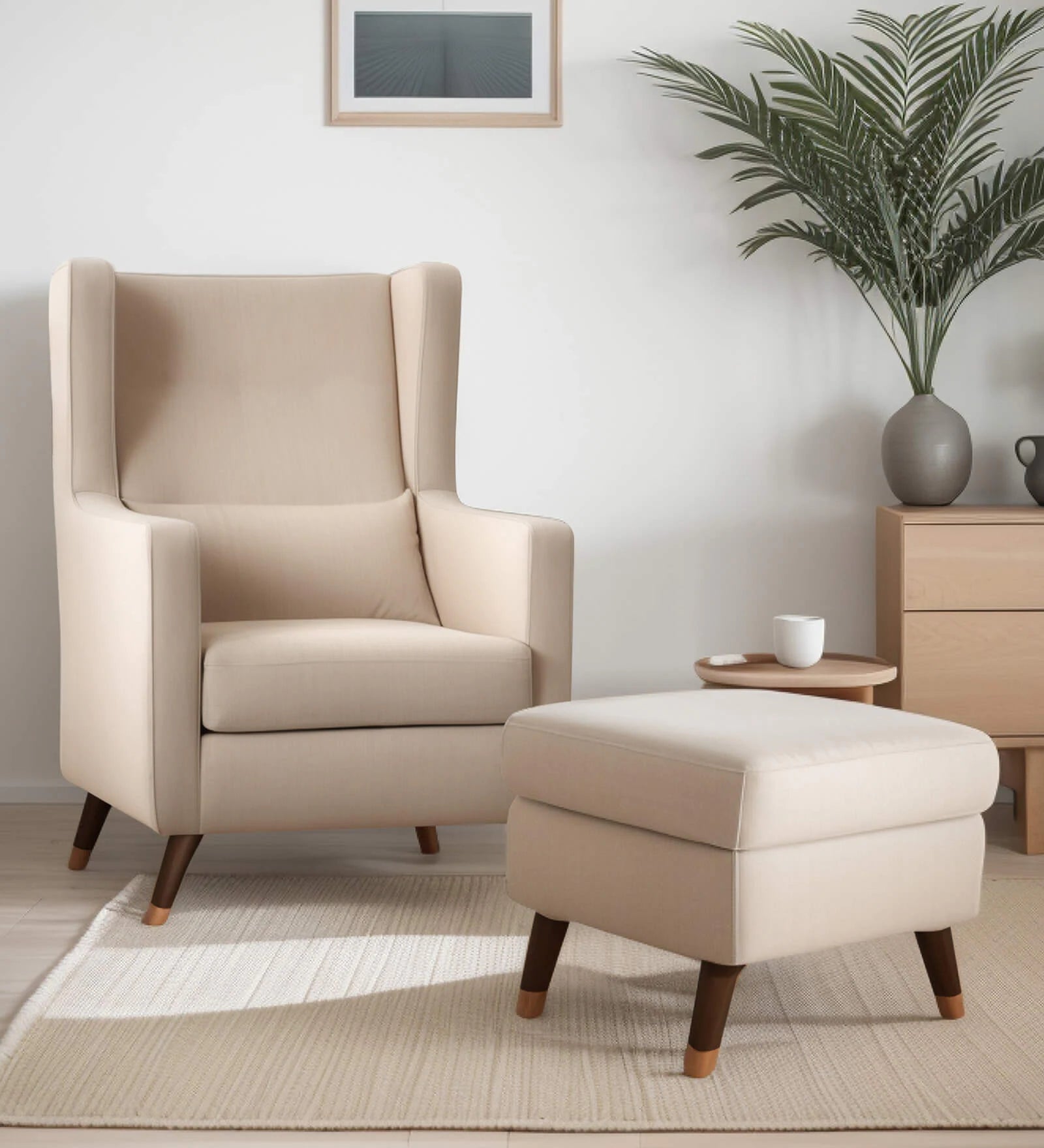 Molen Velvet Wing Chair In Camel Beige Finish With Ottoman