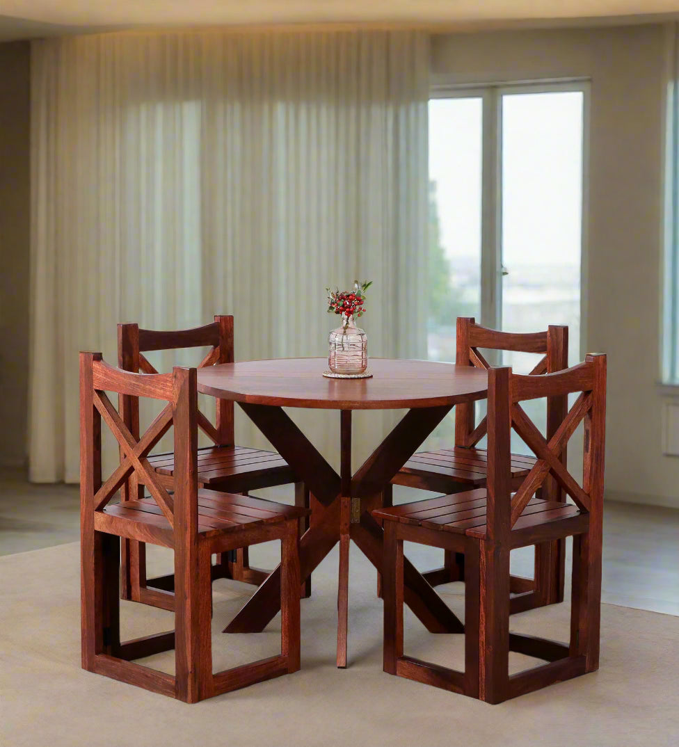 Foshan Sheesham Wood 4 Seater Folding Dining Set In Honey Oak Finish - Febonic Living