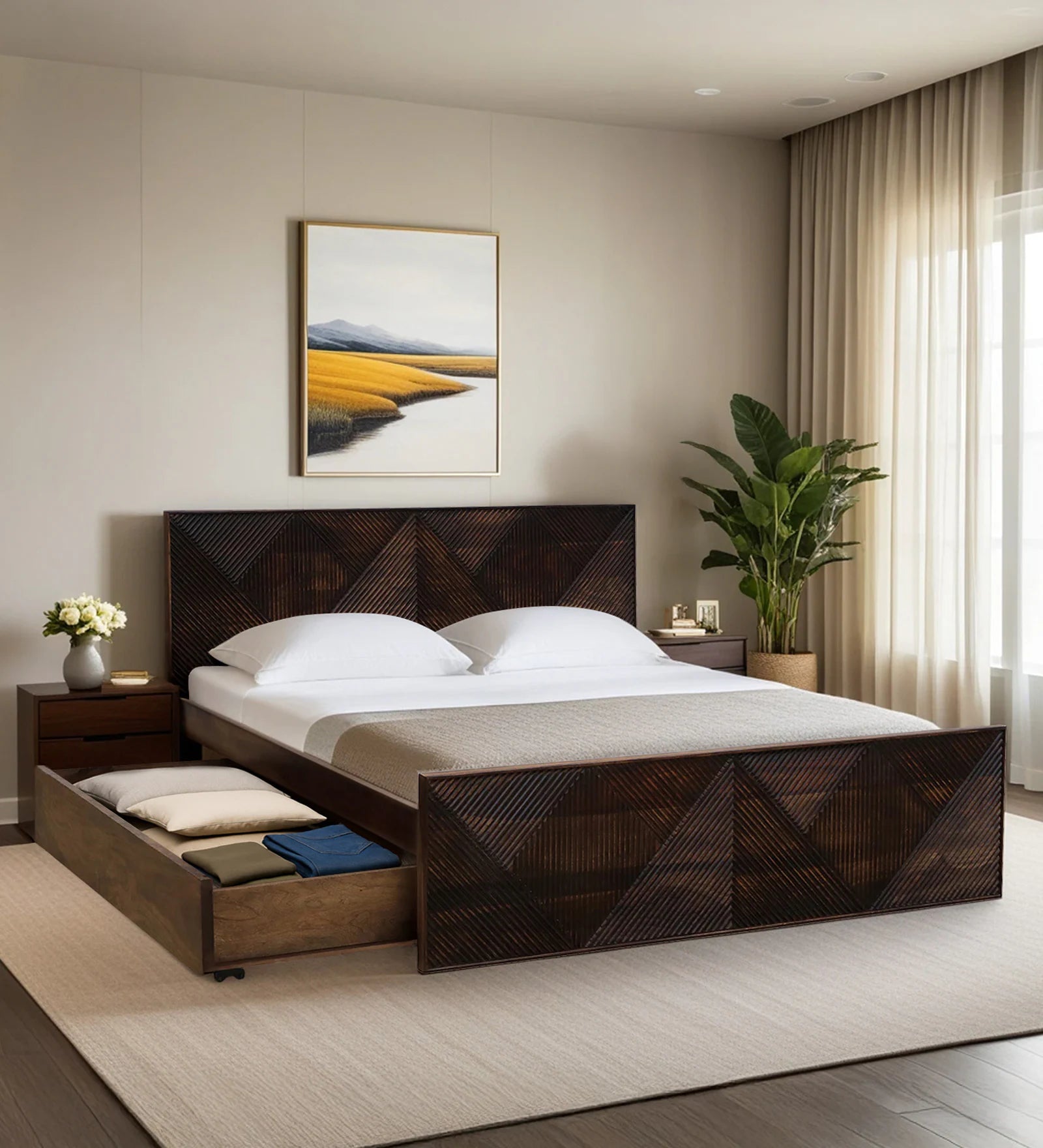 Pari Sheesham Wood King Size Bed In Provincial Teak Finish With Drawer Storage - Febonic Living