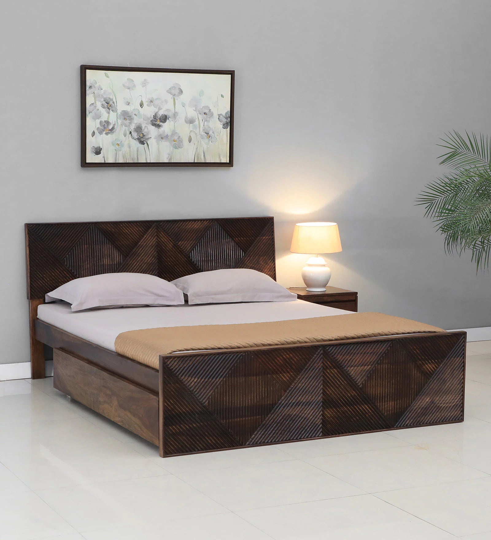 Pari Sheesham Wood King Size Bed In Provincial Teak Finish With Drawer Storage - Febonic Living