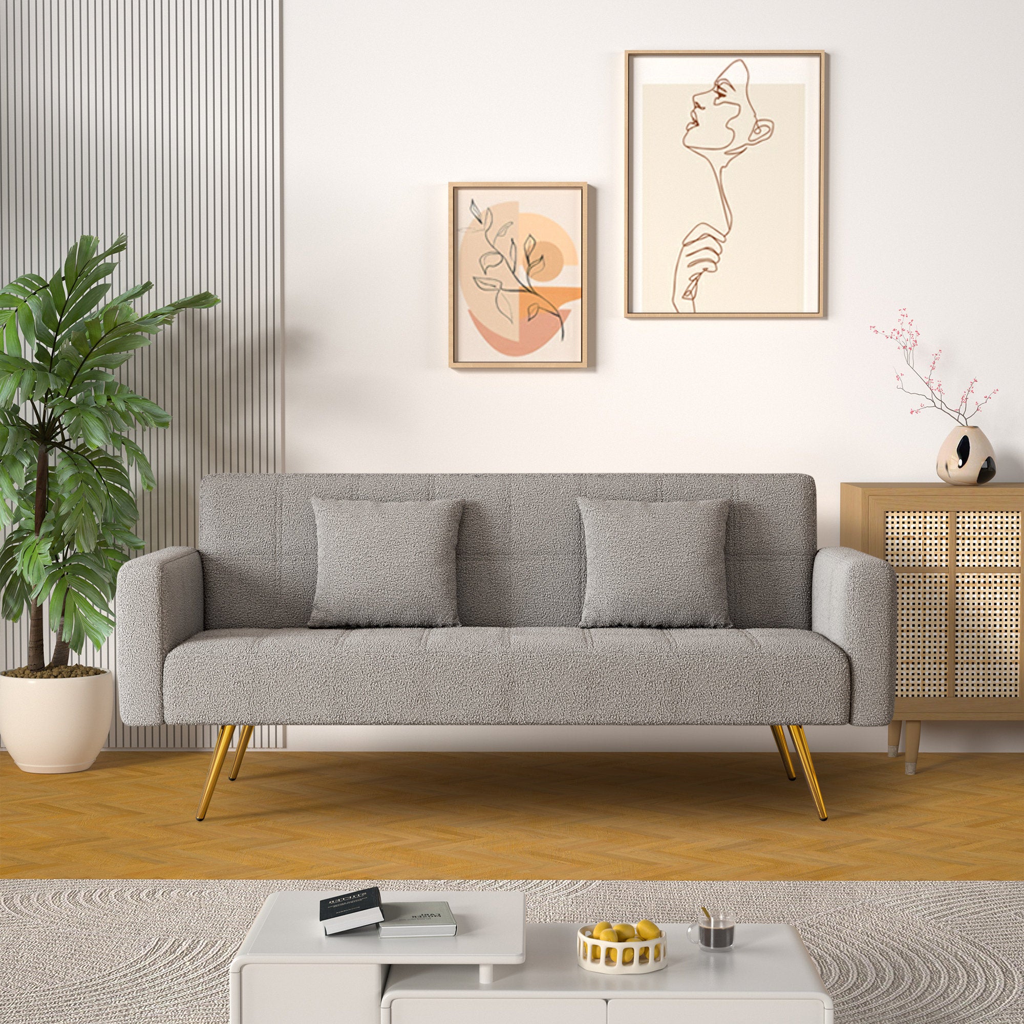 Arrow Boucle Fabric 3 Seater Convertible Sofa Cum Bed In Cement Beige Colour - Febonic Living