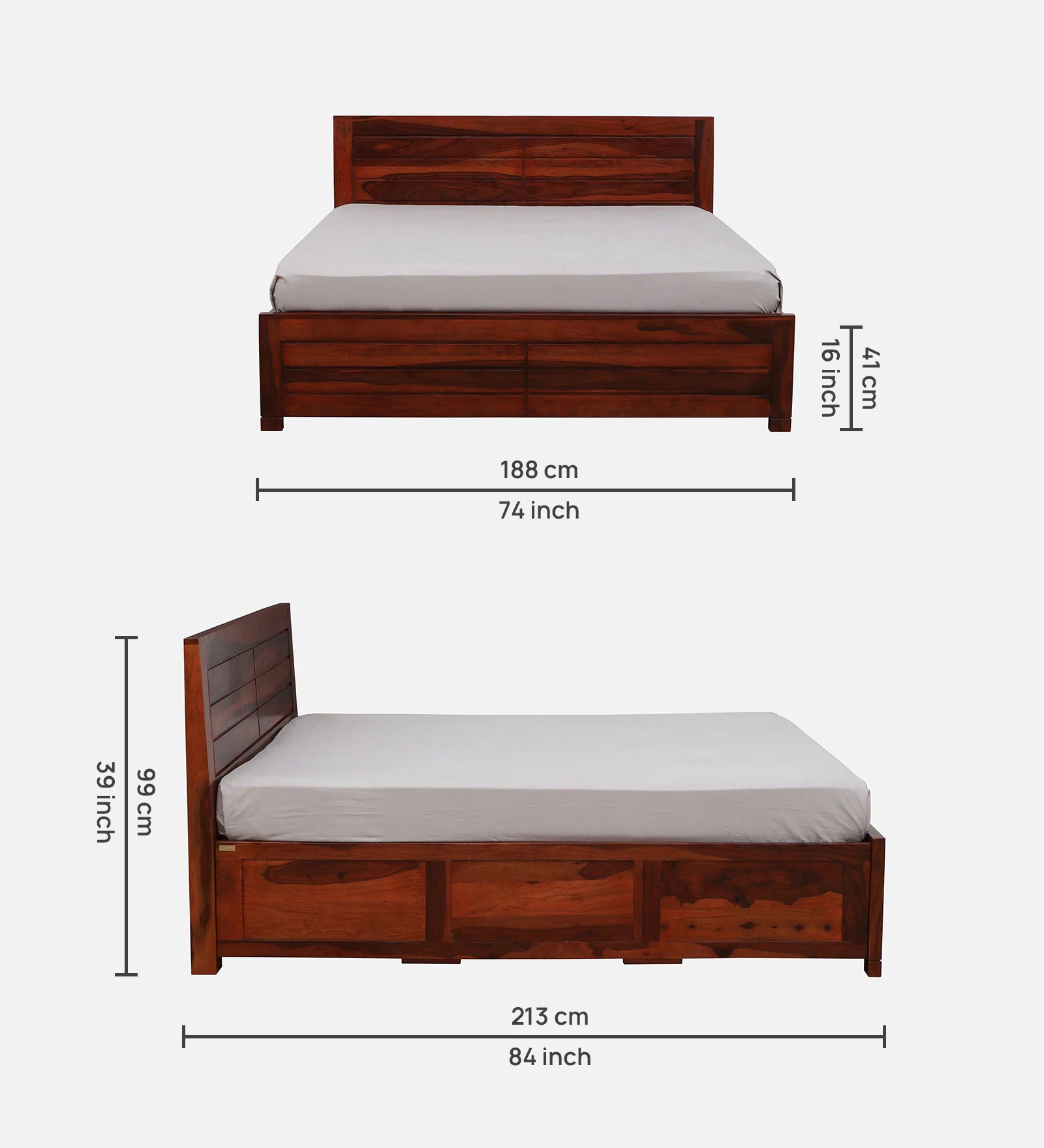 Mejun Sheesham Wood King Size Bed In Honey Oak Finish With Box Storage - Febonic Living