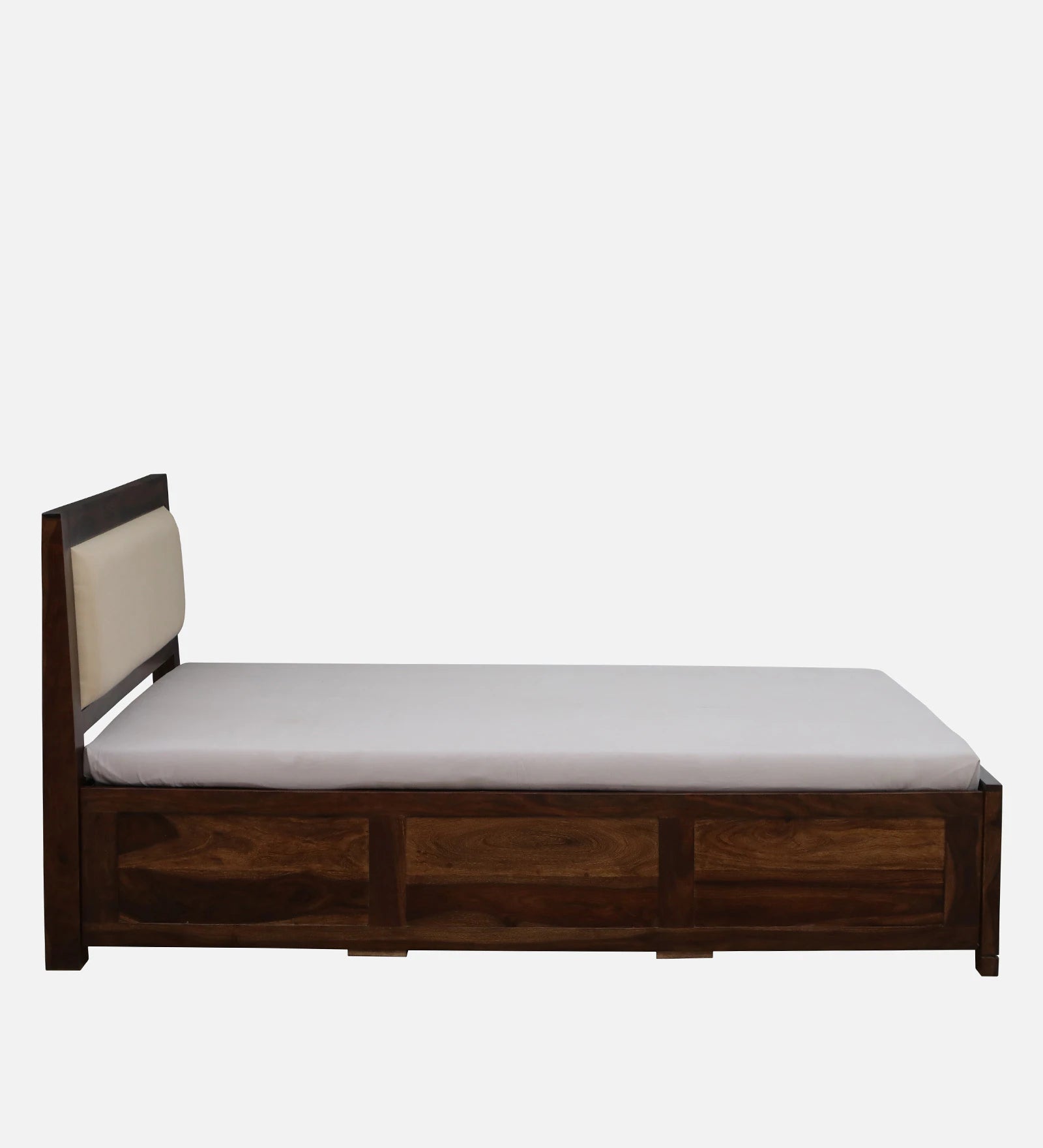 Mejun Sheesham Wood Queen Size Bed In Provincial Teak Finish With Beige Padded Headboard Hydraulic Storage - Febonic Living