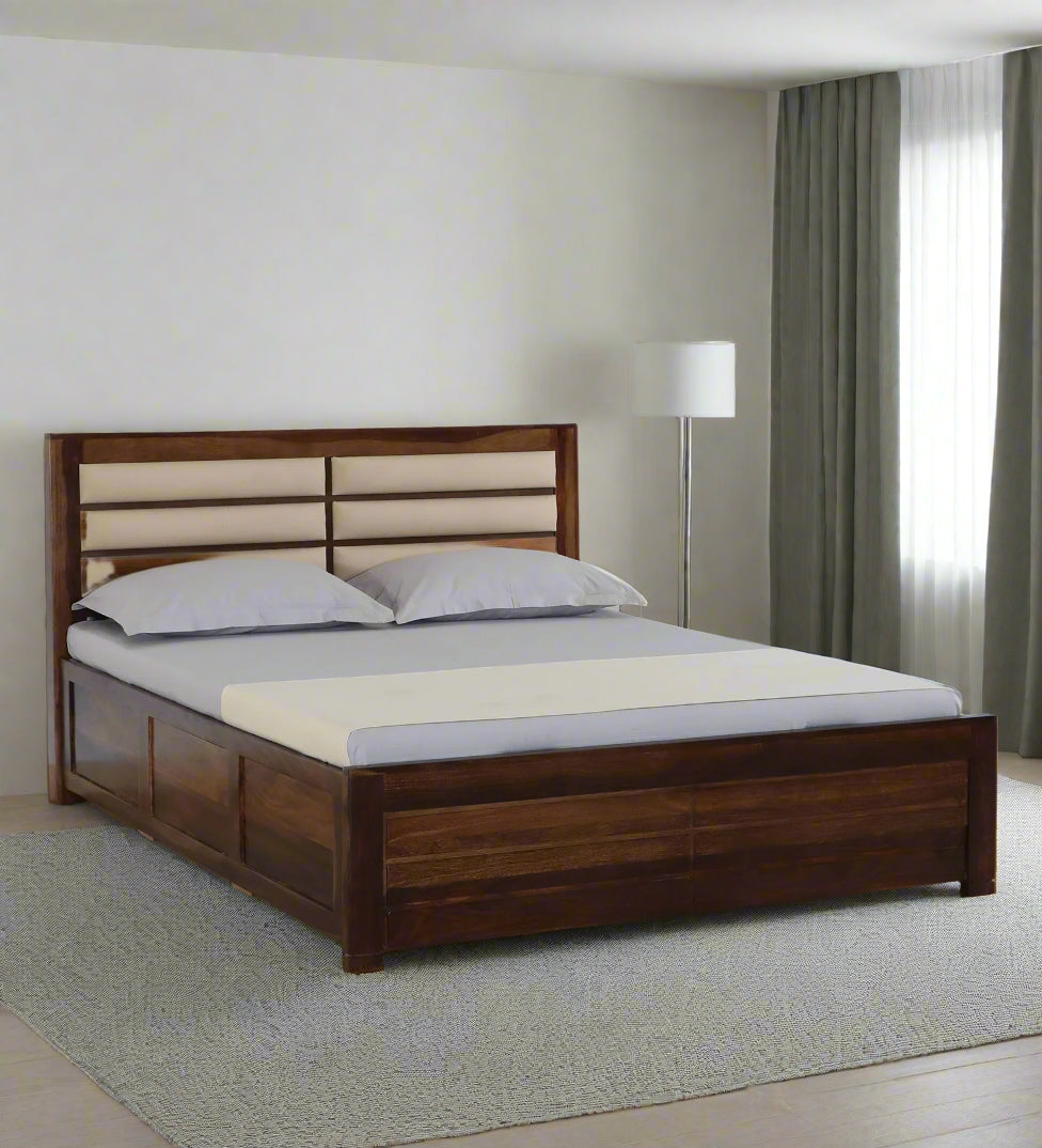 Mejun Sheesham Wood King Size Bed In Provincial Teak Finish With Padded Headboard Hydraulic Storage - Febonic Living