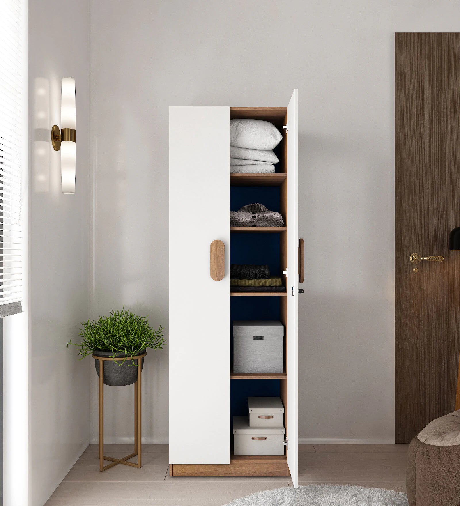 Derin 2 Door Wardrobe In Frosty White & Oral Walnut Finish - Febonic Living