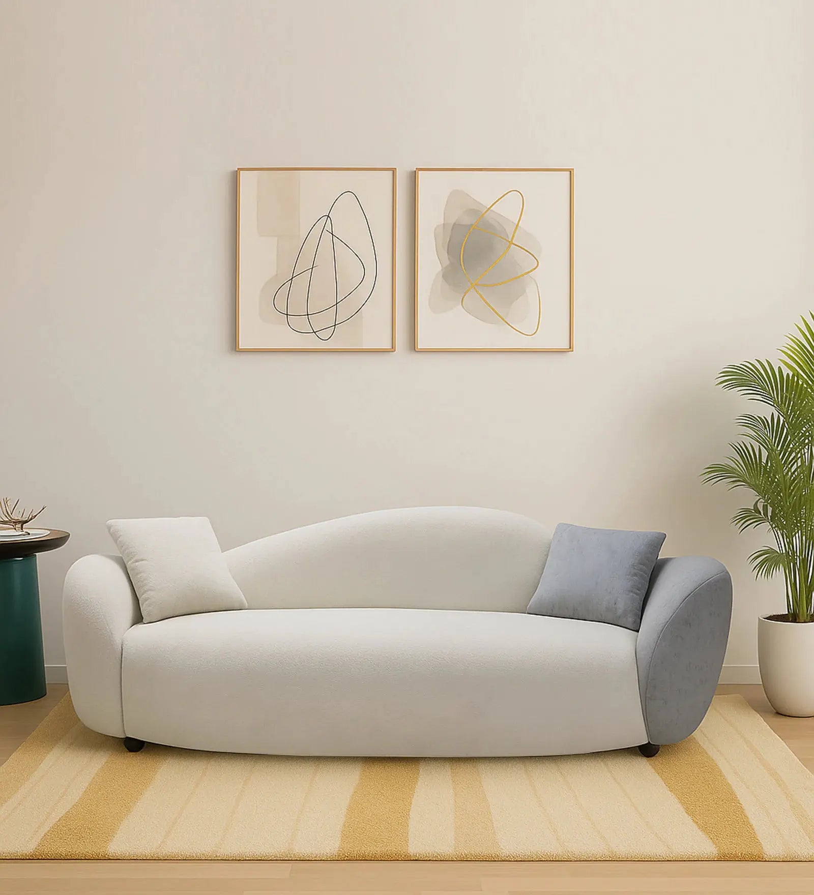 Snow Fabric 3 Seater Sofa In White & Blue Color Febonic Living