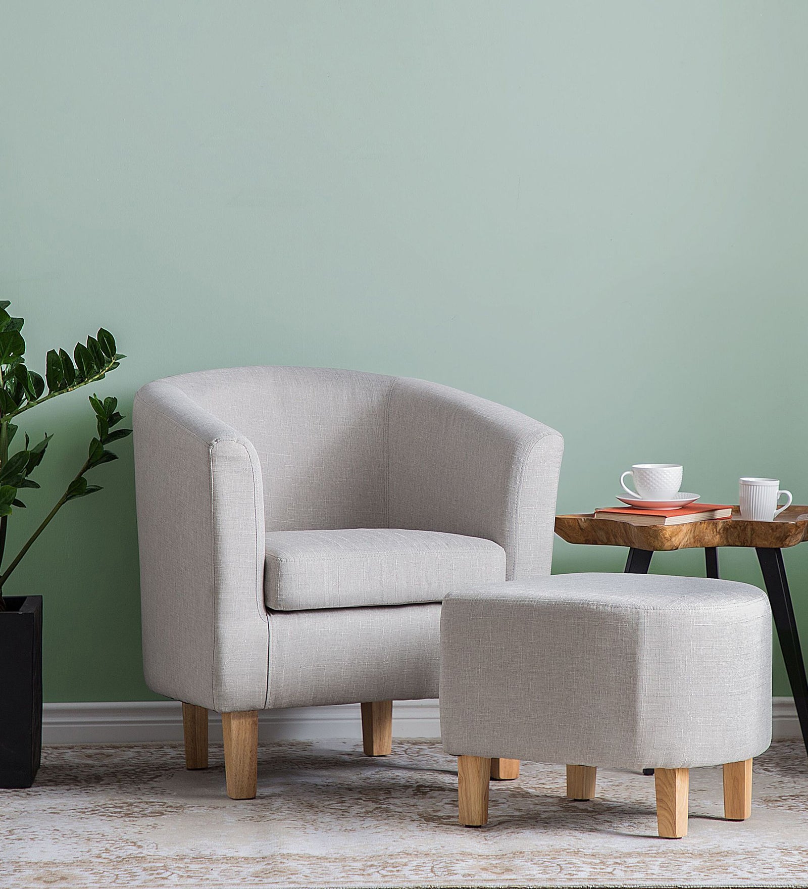 Horry Fabric Barrel Chair With Ottoman In Lit Grey Colour - Febonic Living